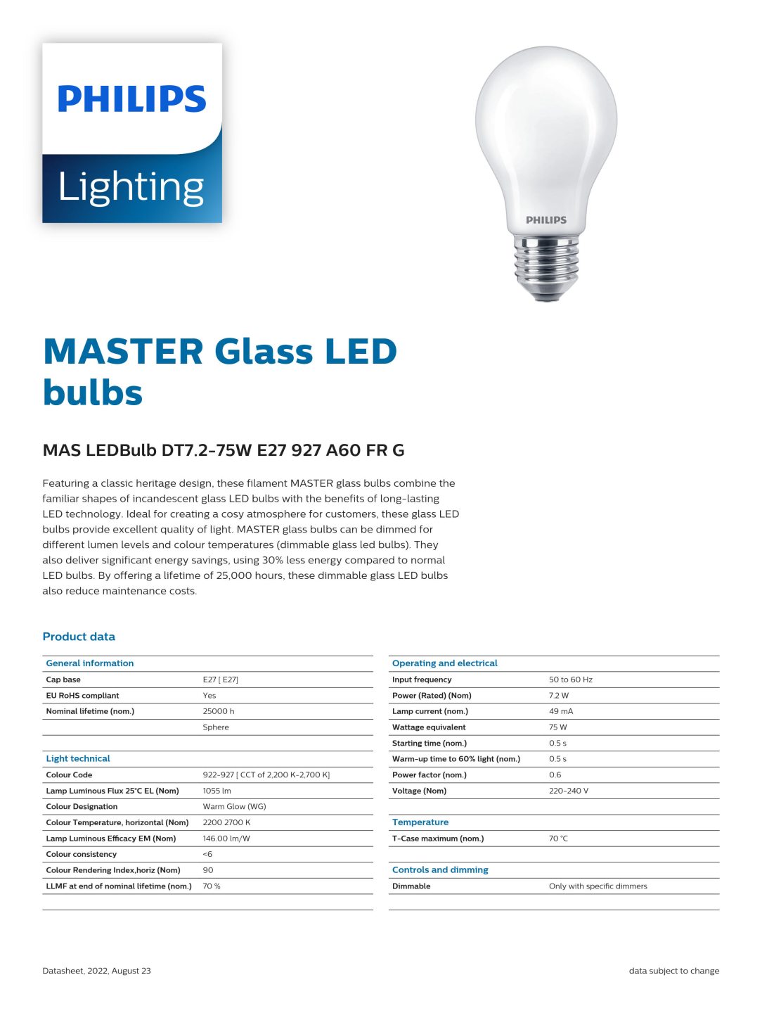 PHILIPS bulb MASTER Glass LED bulbs MAS LEDBulb DT7.275W E27 927 A60