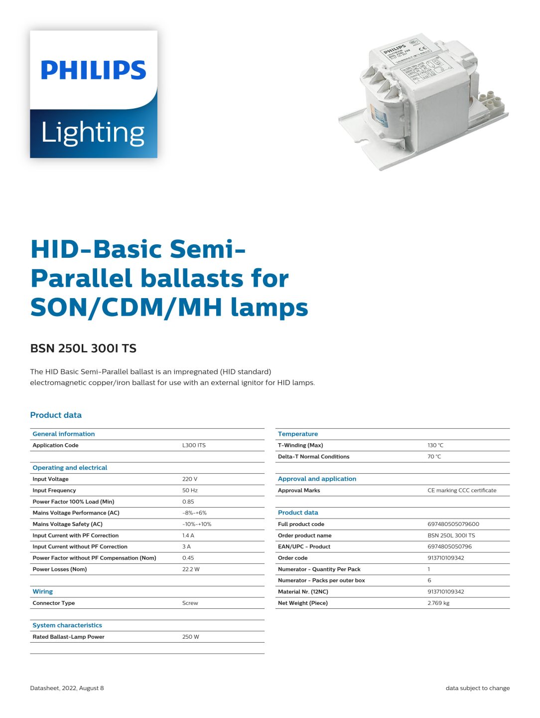 PHILIPS HID BALLAST BSN 250L 300I TS 913710109342 BMT Lighting,PHILIPS distributor,PHILIPS led