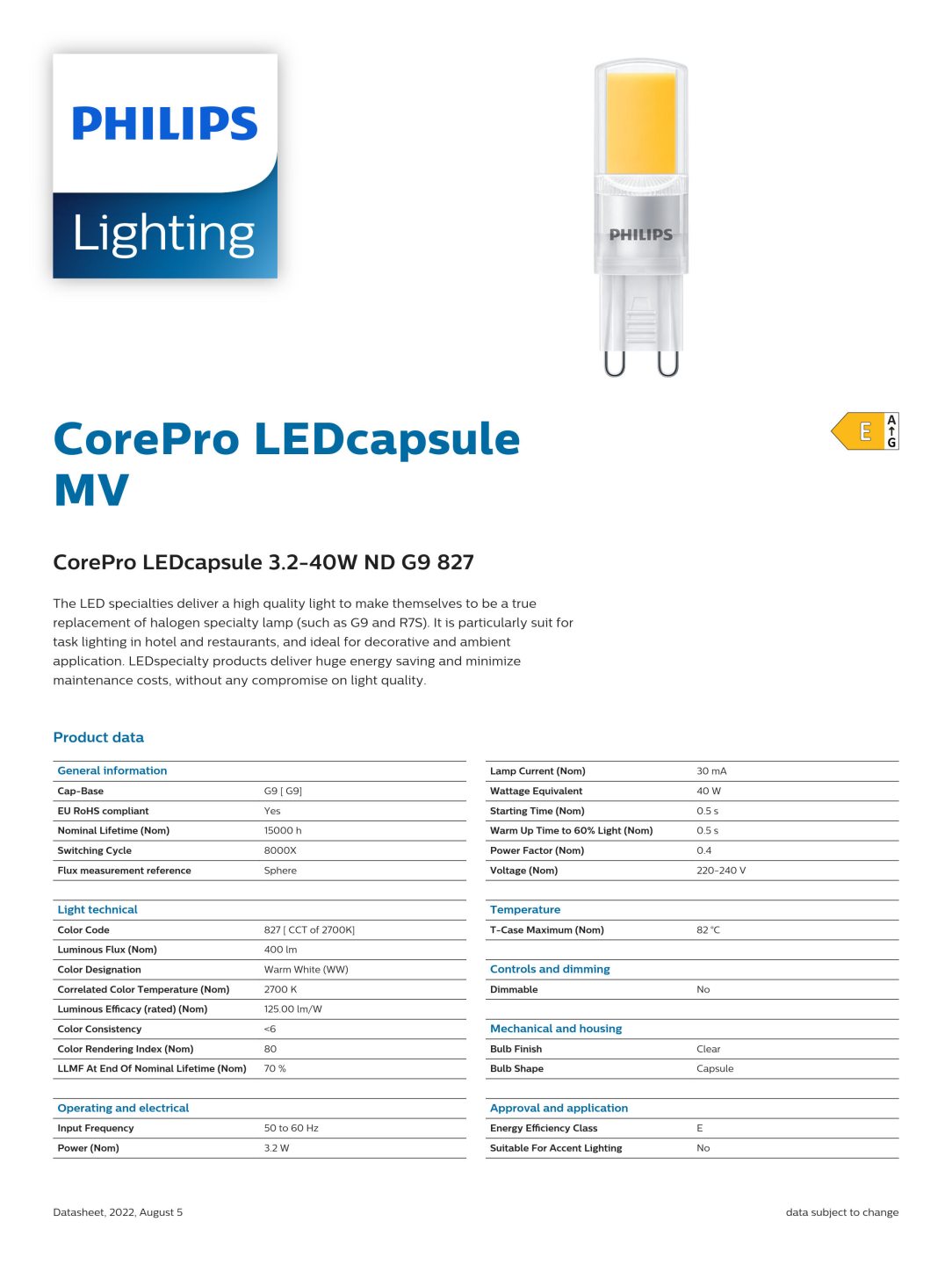 philips G9 bulb CorePro LEDcapsule 3.240W ND G9 827 929002495502 BMT