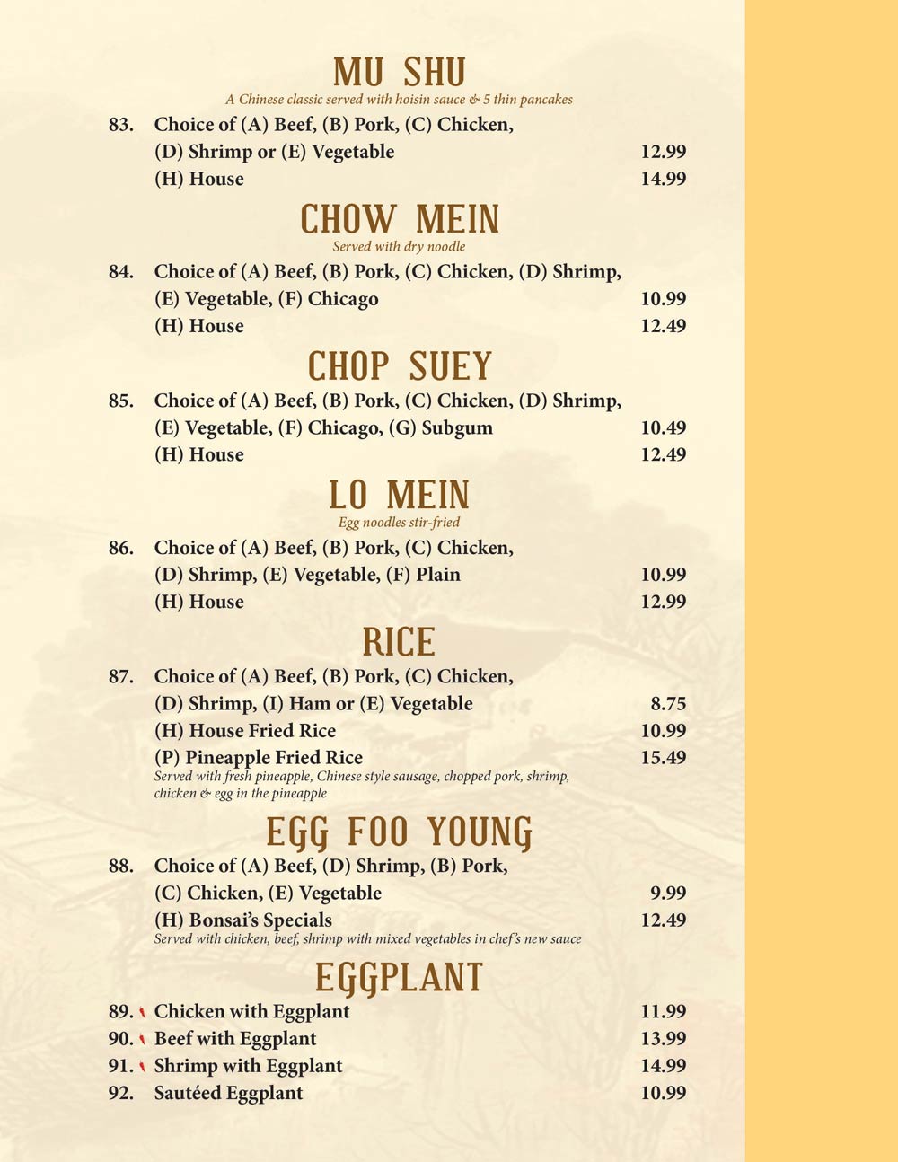 Menu Bonsai's Restaurant