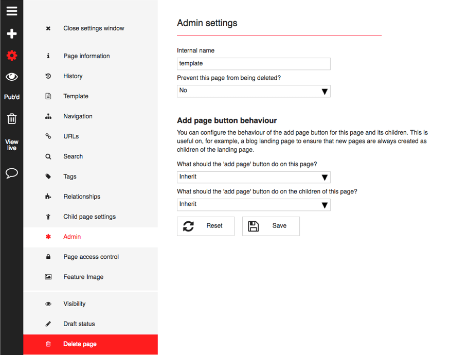 Page setting options BoomCMS