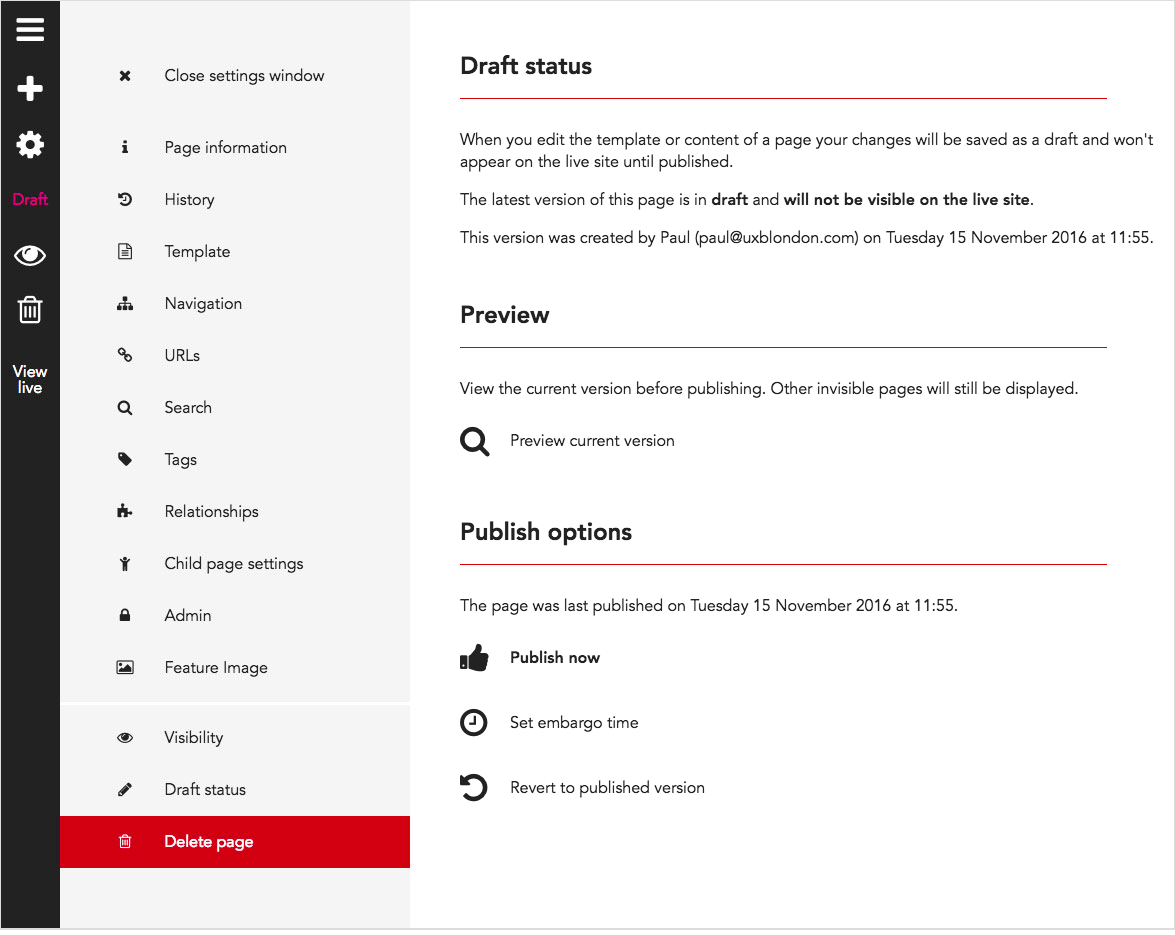 Draft status BoomCMS