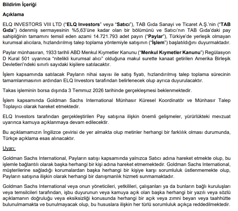 ELQ Investors VIII Ltd, Tab Gฤฑda hissesi satacak Borsatek
