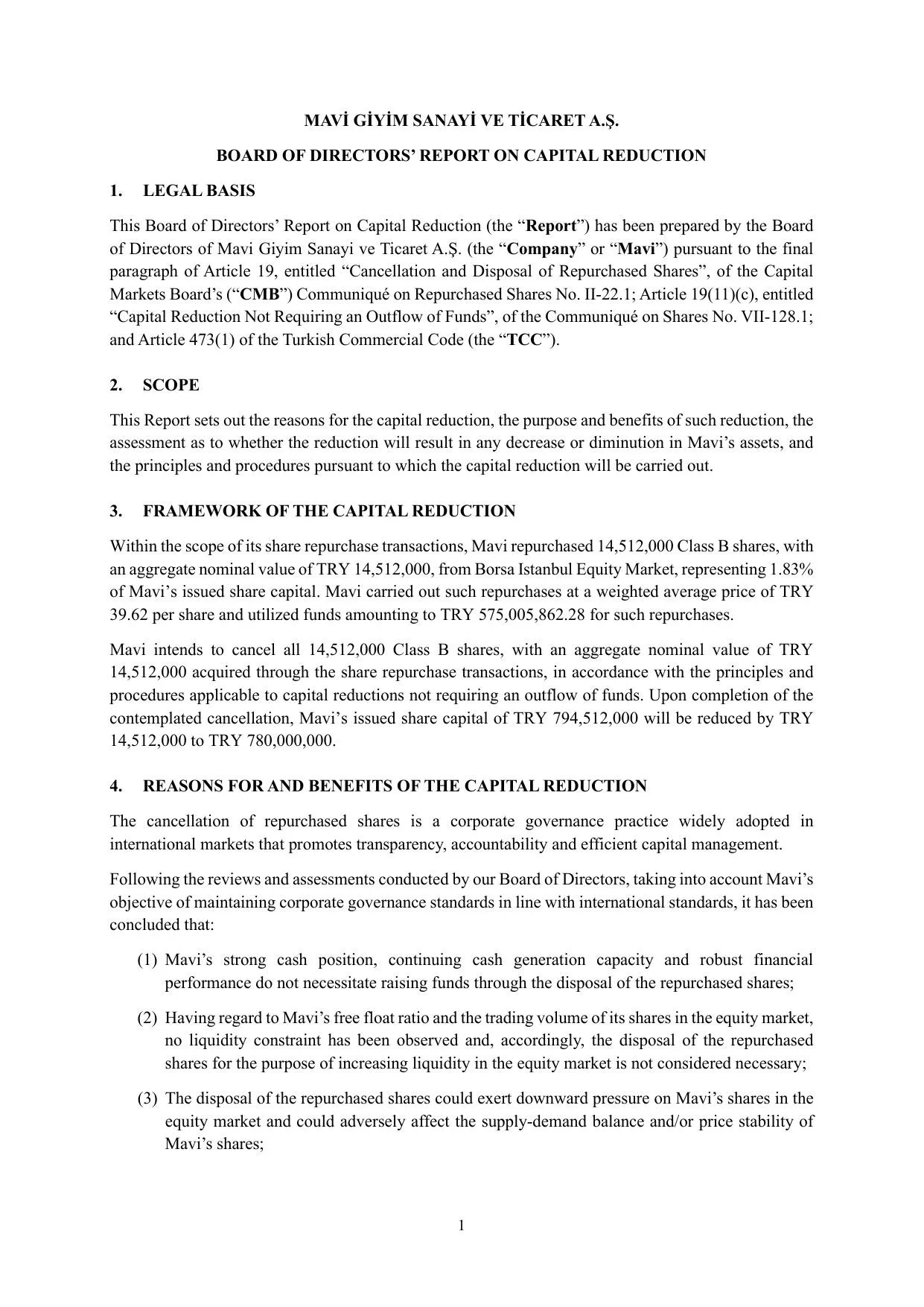 Annex 2 - Mavi - Board of Directors Report re. Capital Reduction English version for Disclosure Purposes.pdf โ sayfa 1