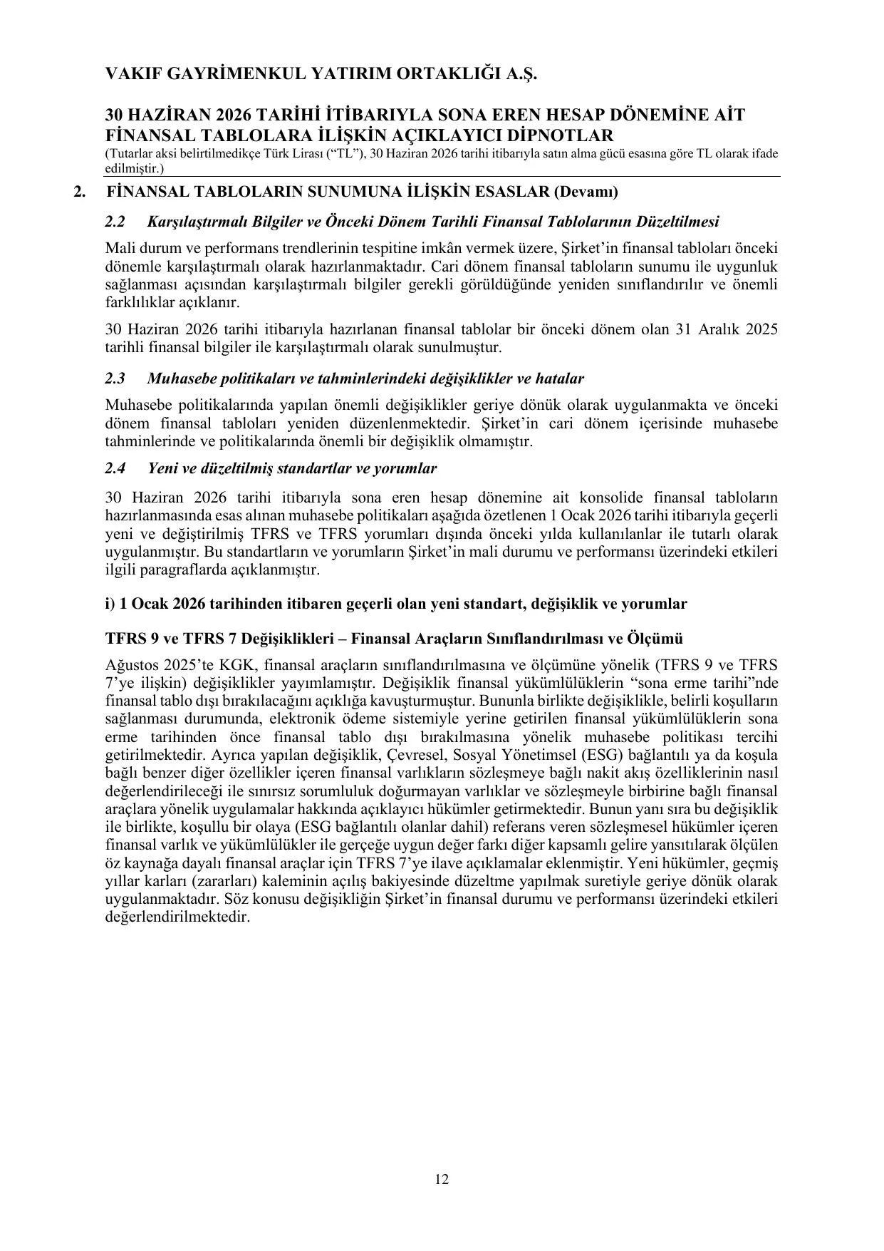 Vakฤฑf GYO Finansal Rapor 30.06.2026 TR.pdf โ sayfa 14