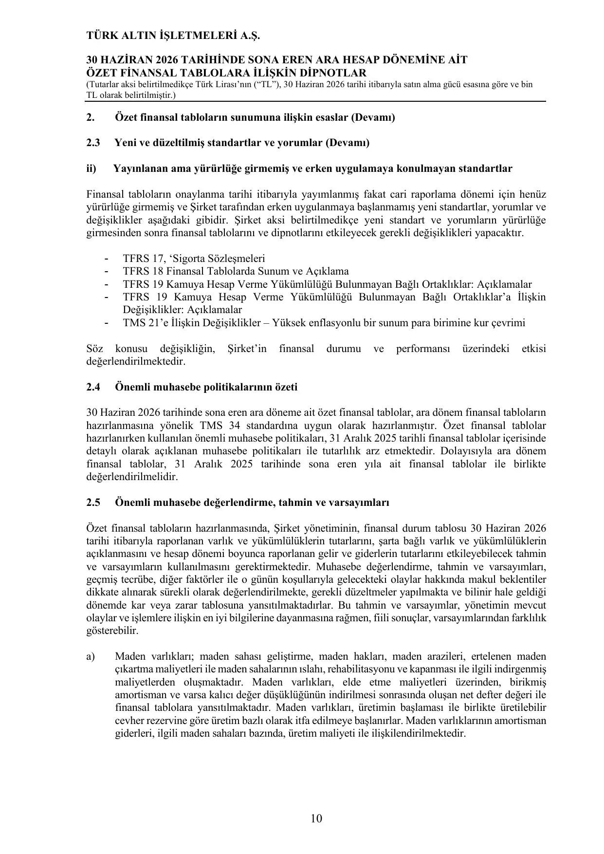 Tรผrk Altฤฑn ฤฐลletmeleri A.ล. - 30.06.2026-TFRS-TR.pdf โ sayfa 14