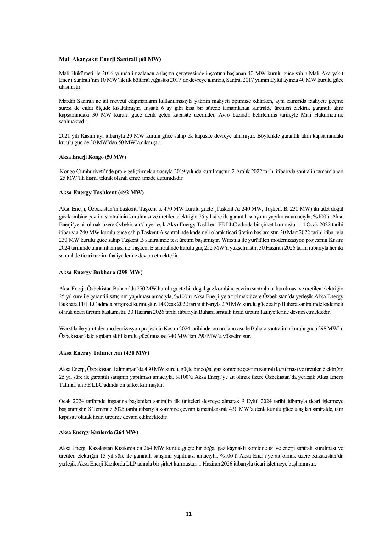 Aksa Enerji Üretim A.Ş. ve Bağlı Ortaklıklar 30 Haziran 2026 Faaliyet Raporu.pdf — sayfa 11
