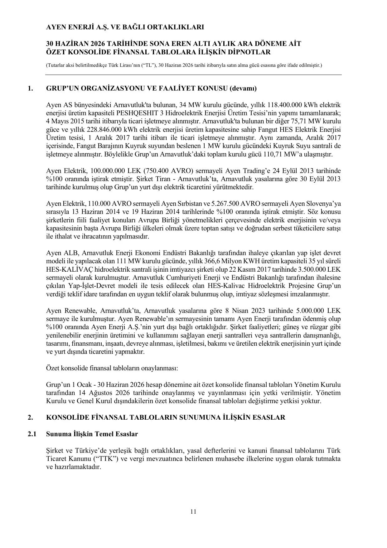 Ayen Enerji A.ล. Konsolide Finansal Rapor - 30.06.2026.pdf โ sayfa 14