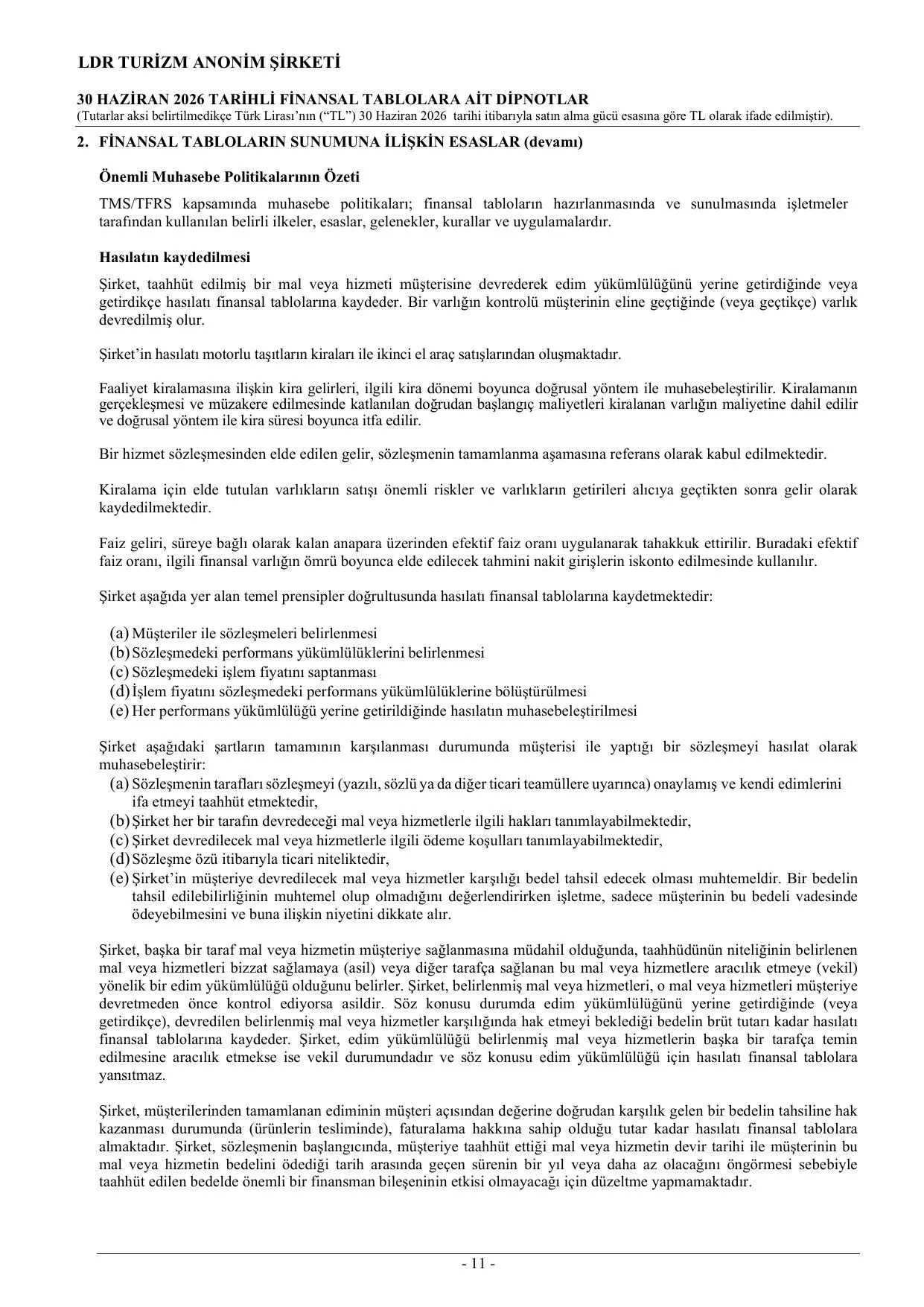 LDR Turizm A.Ş. 30.06.2026 Tarihli Finansal Tablolar (Konsolide Olmayan).pdf — sayfa 14