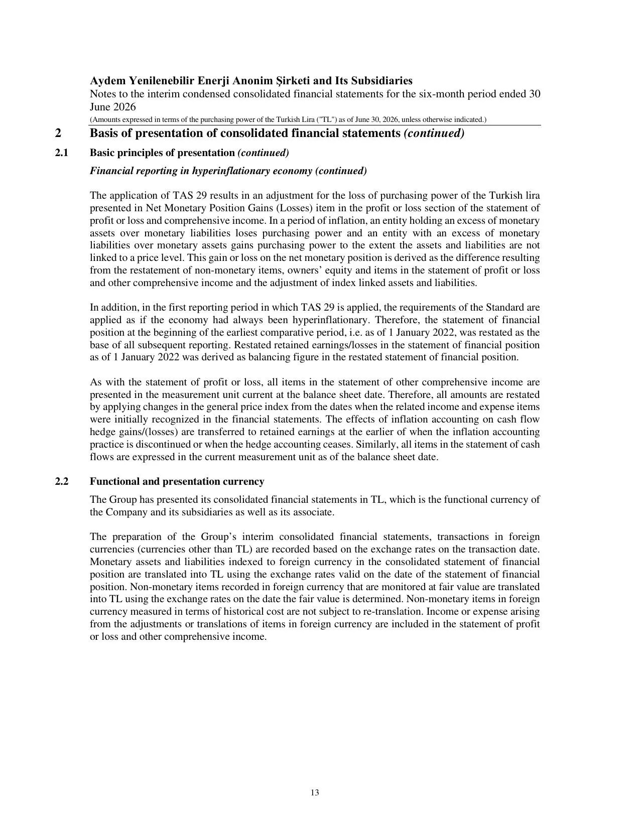 Aydem Yenilenebilir Enerji A.ล. TFRS ENG 30.06.2026.pdf โ sayfa 14