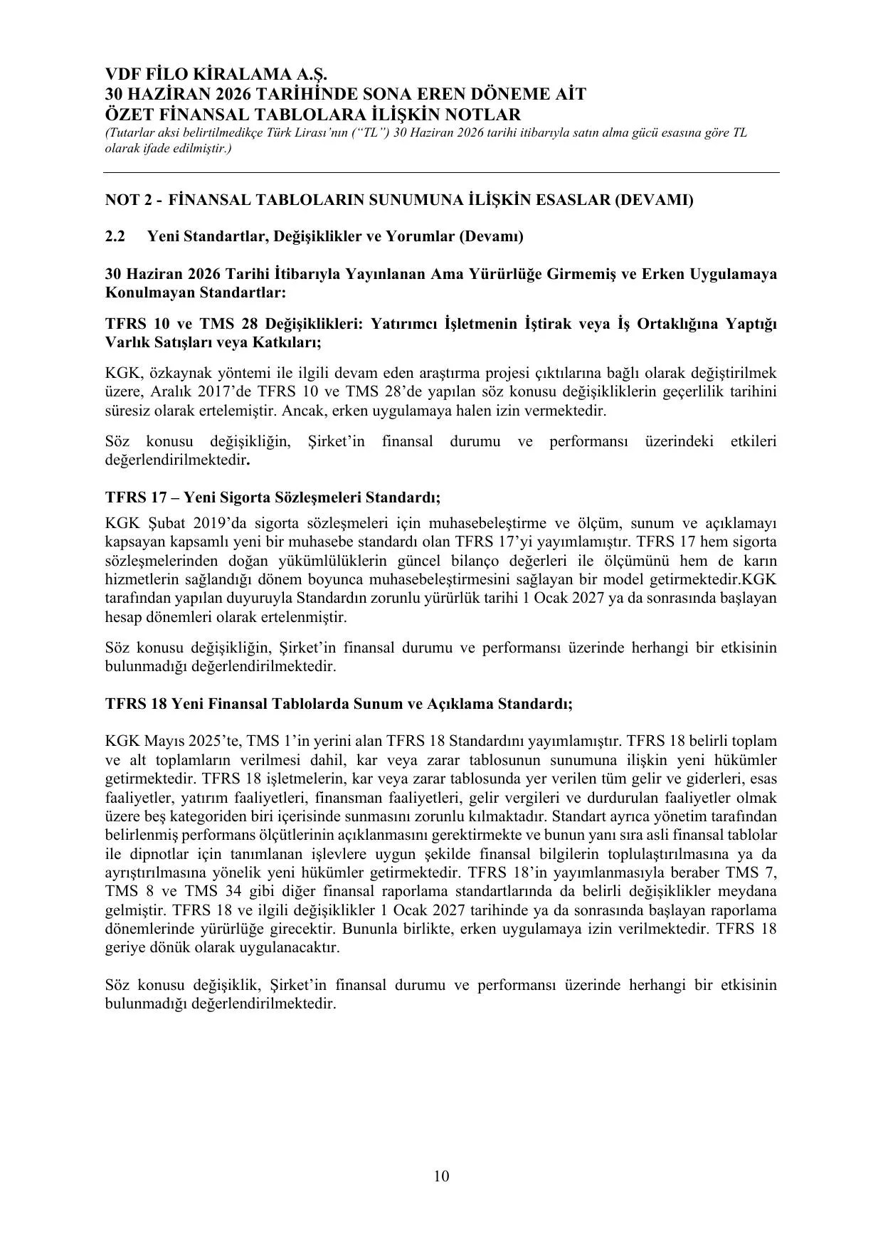 Vdf Filo Kiralama A.ล. 30.06.2026 Finansal Raporu.pdf โ sayfa 13