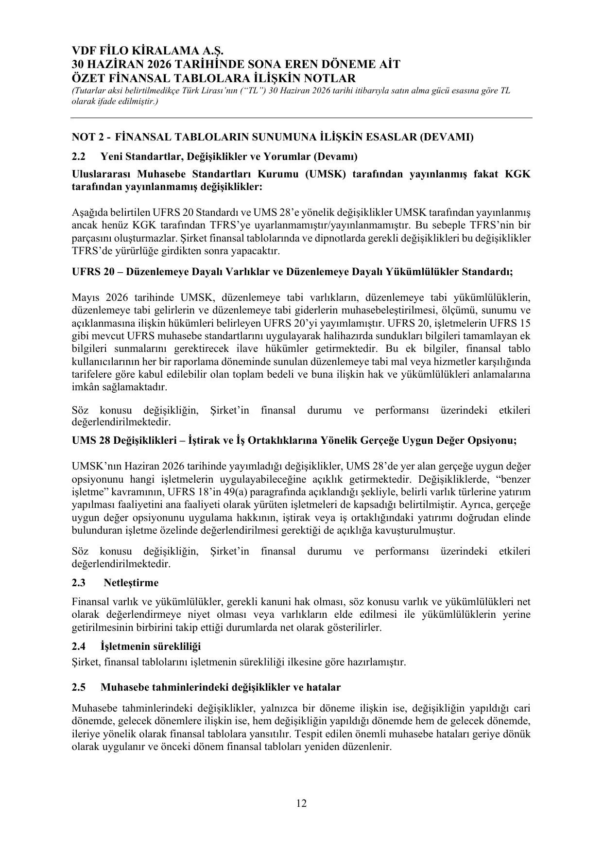 Vdf Filo Kiralama A.ล. 30.06.2026 Finansal Raporu.pdf โ sayfa 15