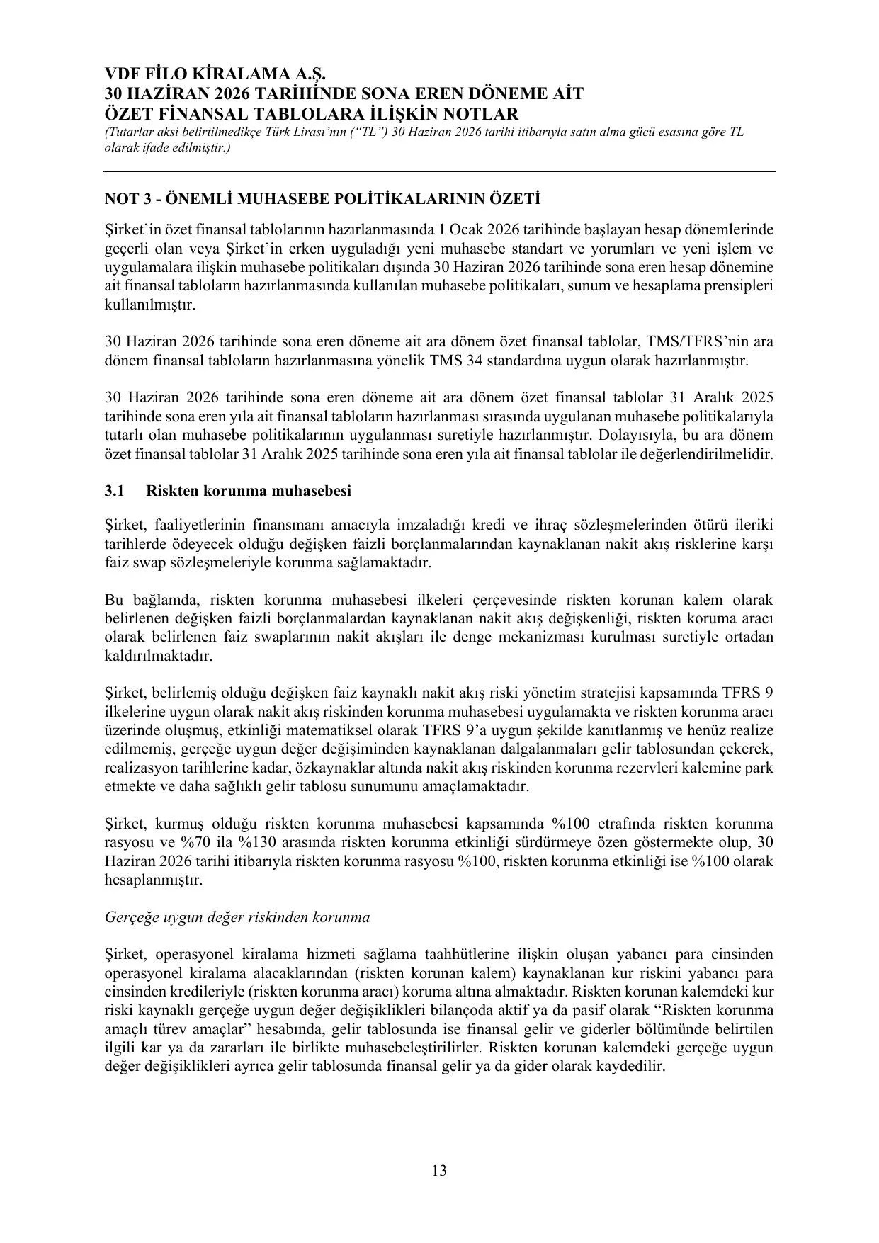 Vdf Filo Kiralama A.ล. 30.06.2026 Finansal Raporu.pdf โ sayfa 16