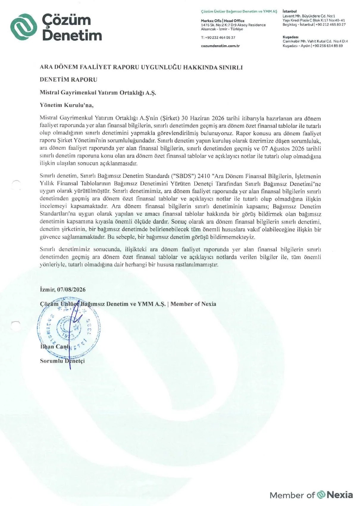 Mistral GYO 30.06.2026 Faaliyet Raporuna İlişkin Görüş.pdf — sayfa 1