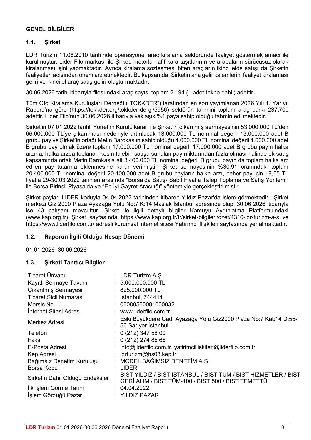 LDR Turizm A.Ş. 30.06.2026 Tarihli Faaliyet Raporu (Konsolide Olmayan).pdf — sayfa 4