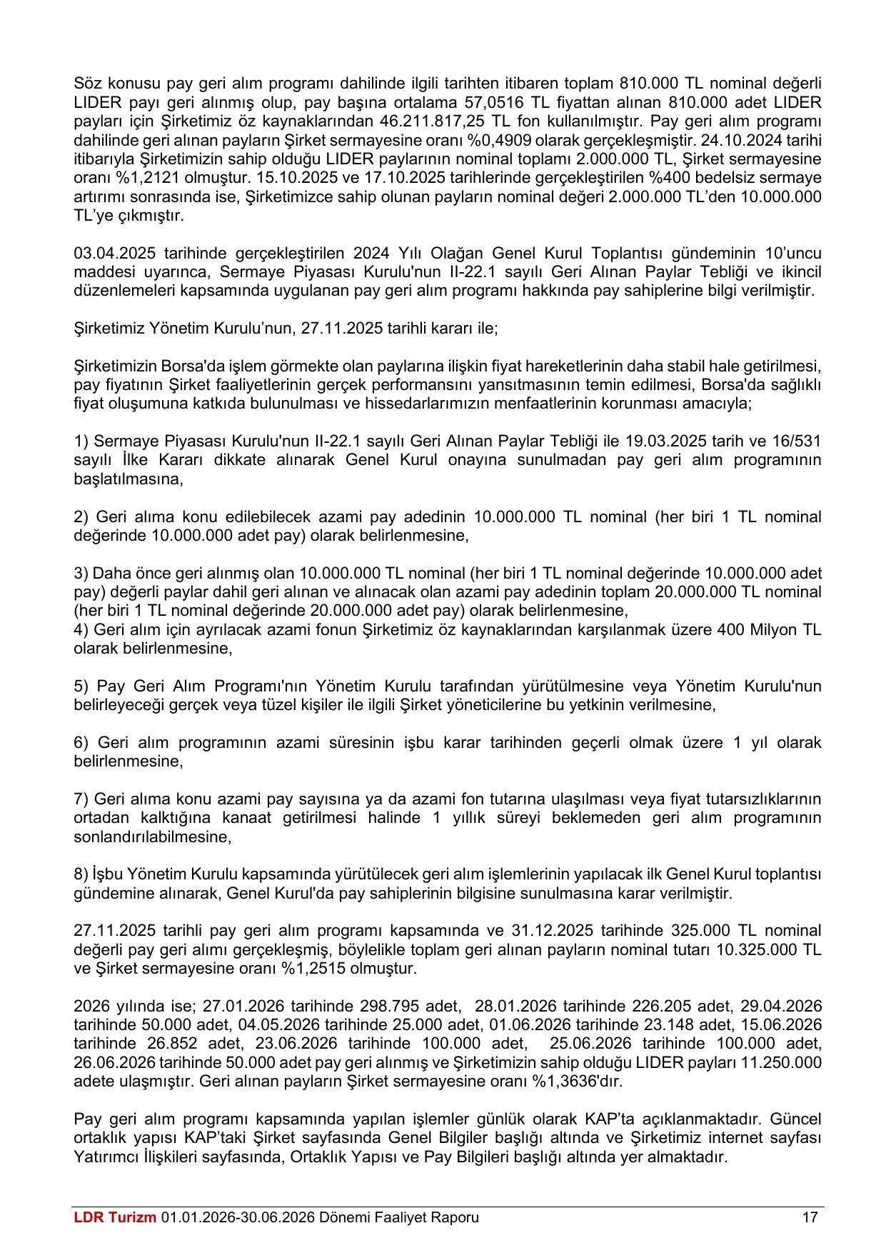 LDR Turizm A.ล. 30.06.2026 Tarihli Faaliyet Raporu (Konsolide Olmayan).pdf โ sayfa 18