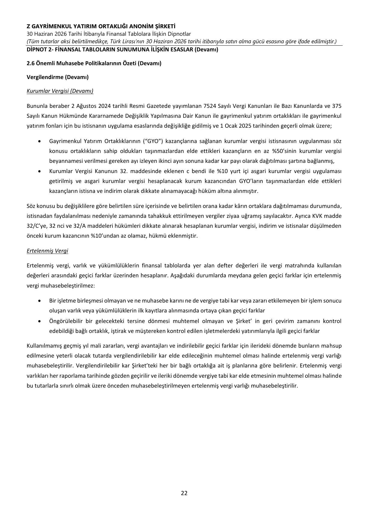 Z GYO_Finansal Rapor 30.06.2026 .pdf — sayfa 26