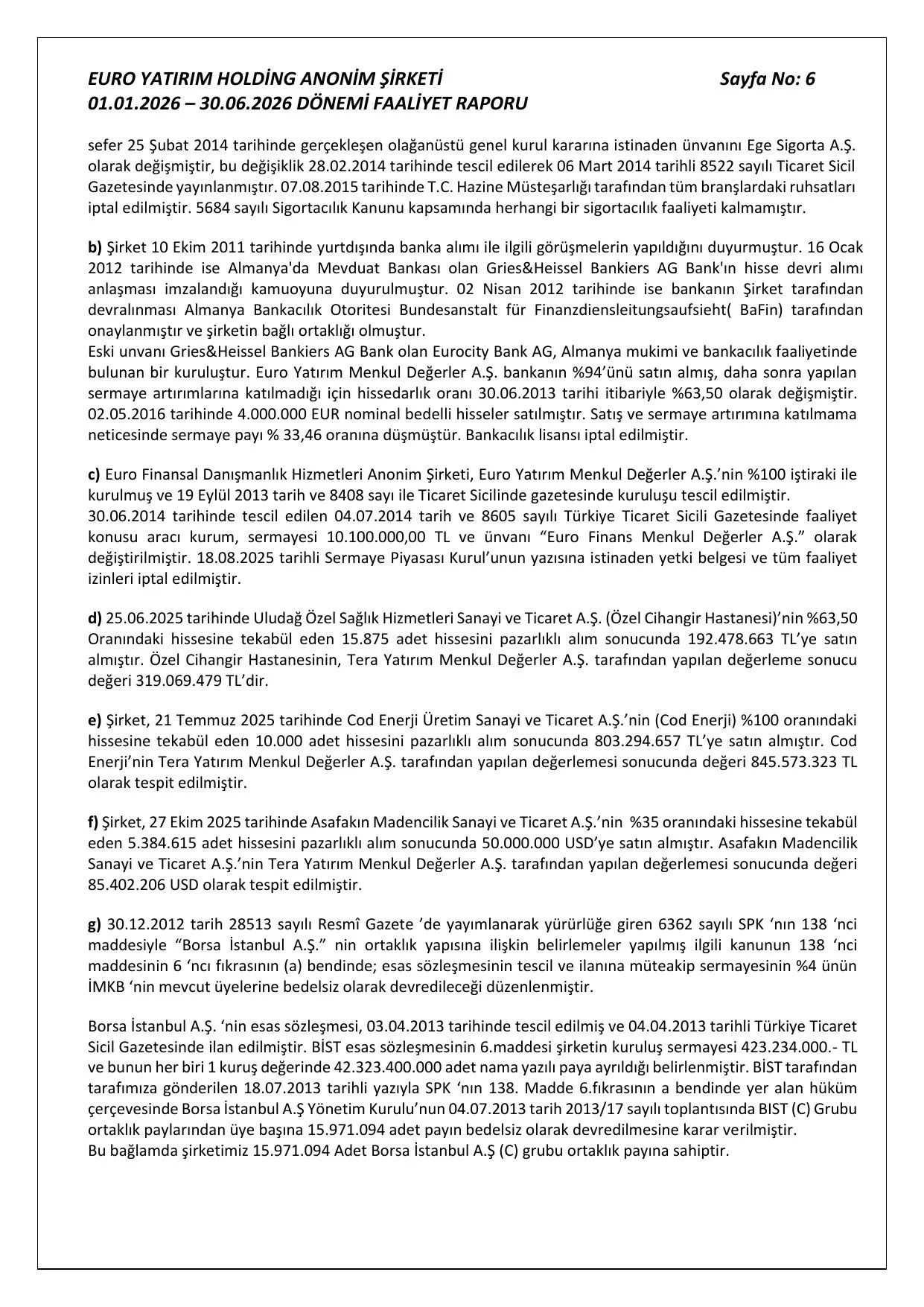 Euro Yatırım 30.06.2026 Faaliyet Raporu.pdf — sayfa 6