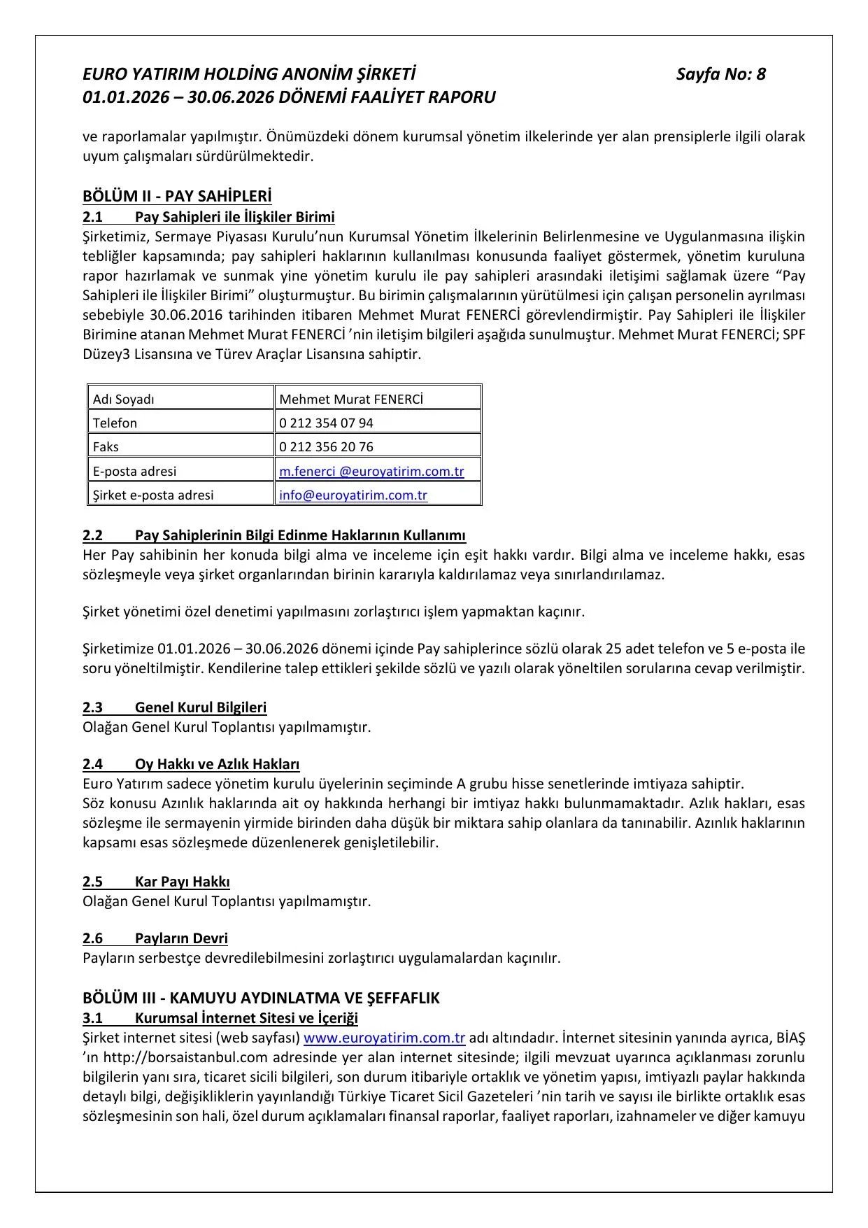 Euro Yatırım 30.06.2026 Faaliyet Raporu.pdf — sayfa 8