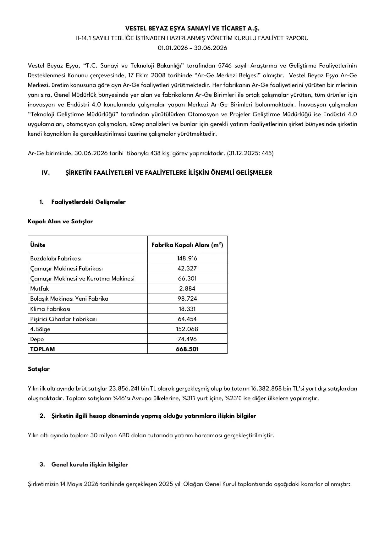Vestel Beyaz Eลya 30.06.2026 Faaliyet Raporu.pdf โ sayfa 6