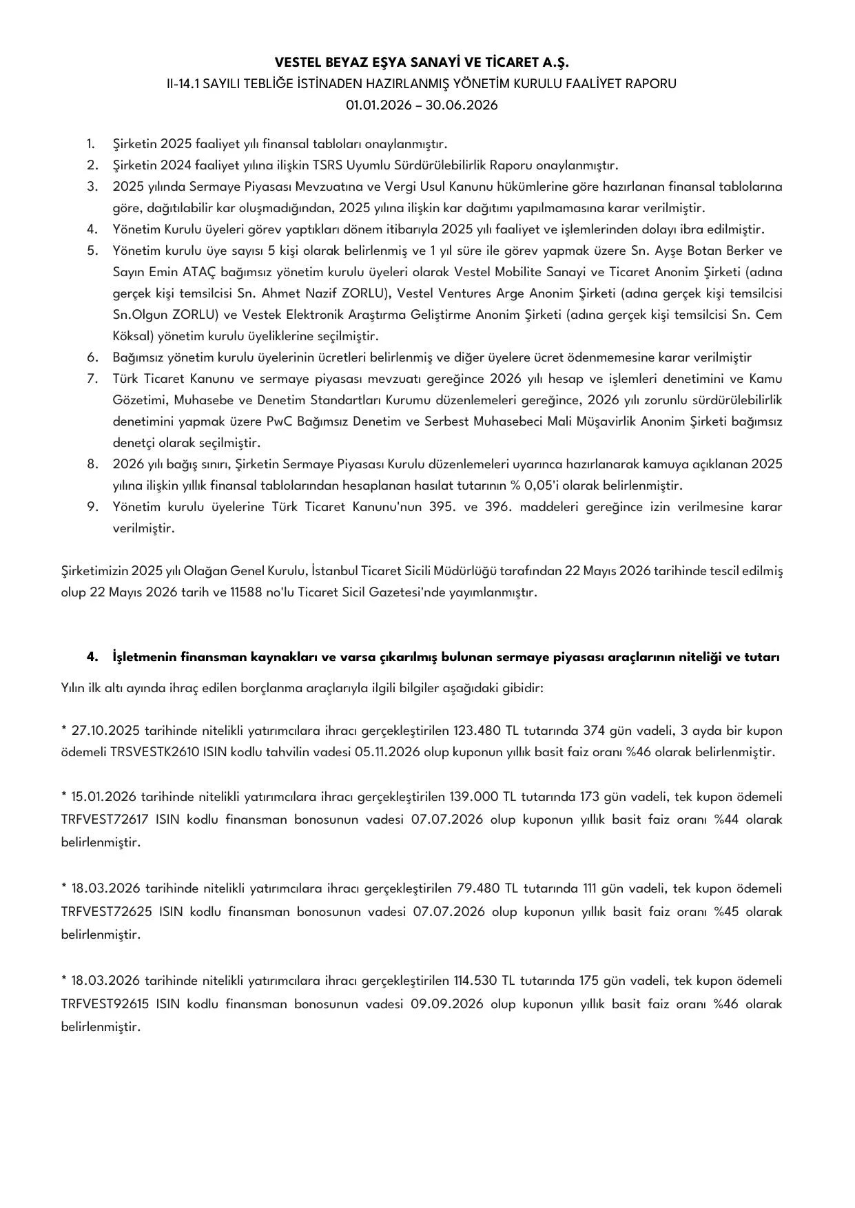 Vestel Beyaz Eลya 30.06.2026 Faaliyet Raporu.pdf โ sayfa 7