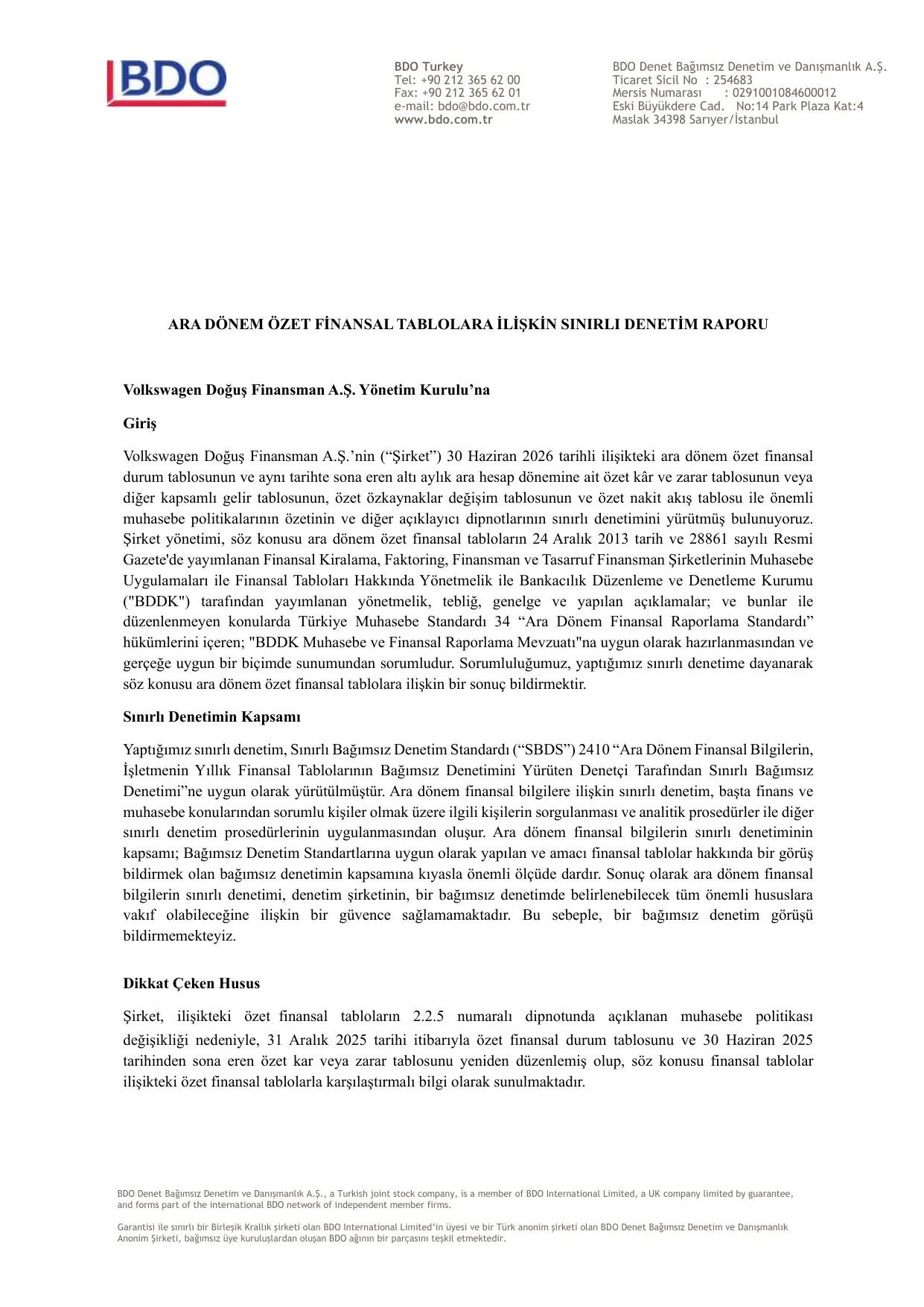 Volkswagen Doğuş Finansman A.Ş. 30.06.2026 BDDK Raporu.pdf — sayfa 2