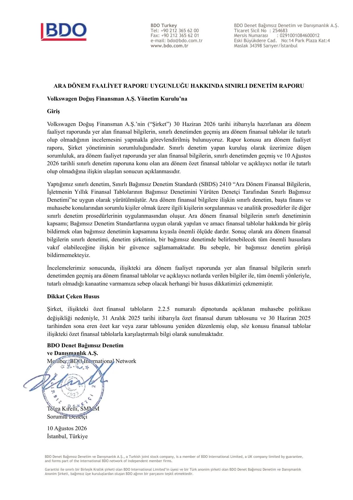 Volkswagen Doฤuล Finansman A.ล. 30.06.2026 Faaliyet Raporu.pdf โ sayfa 1