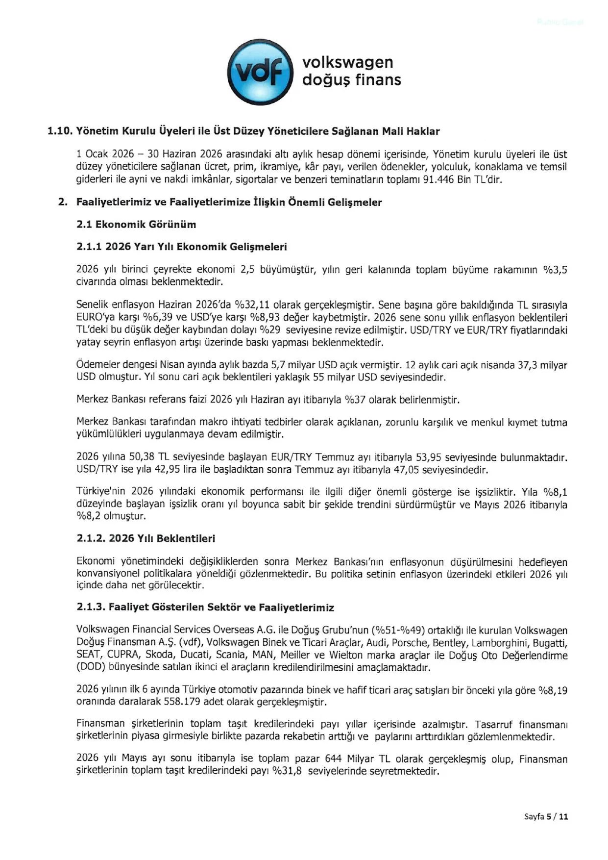 Volkswagen Doฤuล Finansman A.ล. 30.06.2026 Faaliyet Raporu.pdf โ sayfa 6