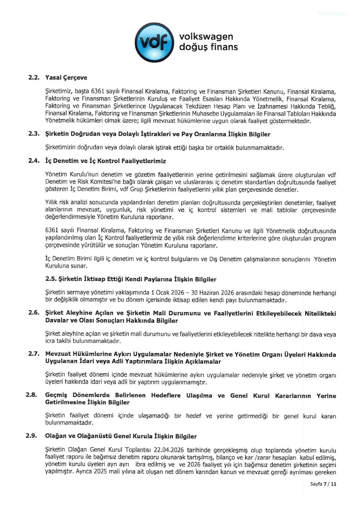 Volkswagen Doฤuล Finansman A.ล. 30.06.2026 Faaliyet Raporu.pdf โ sayfa 8