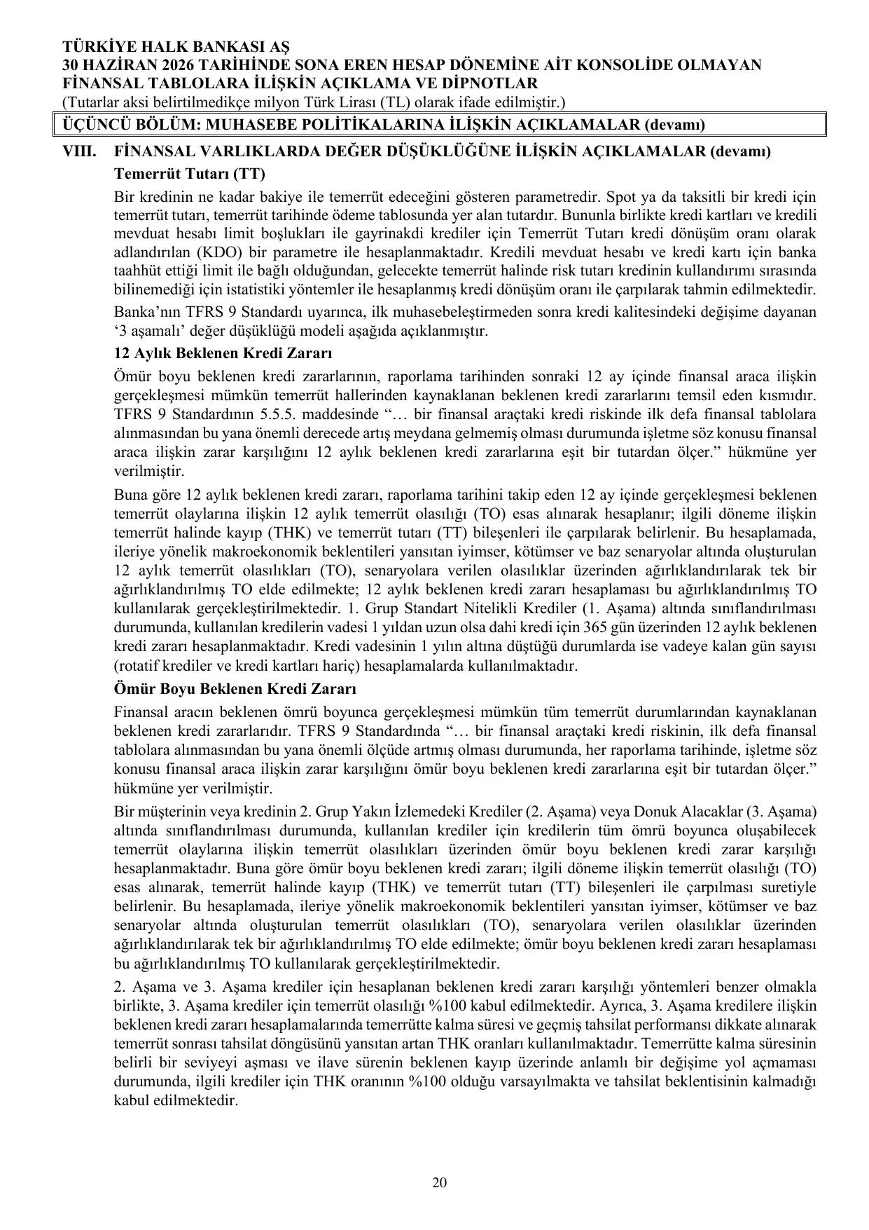 Türkiye Halk Bankası AŞ Konsolide Olmayan Rapor 30.06.2026.pdf — sayfa 26