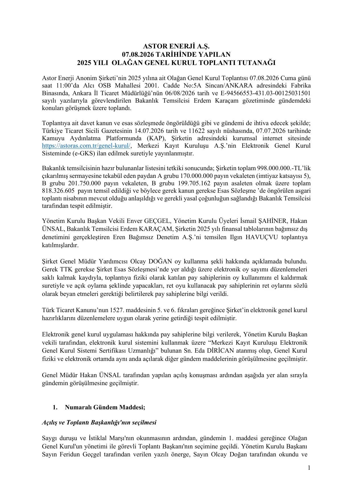 Astor Enerji A.ล Olaฤan GK Toplantฤฑ Tutanaฤฤฑ 07.08.26-KAP.pdf โ sayfa 1