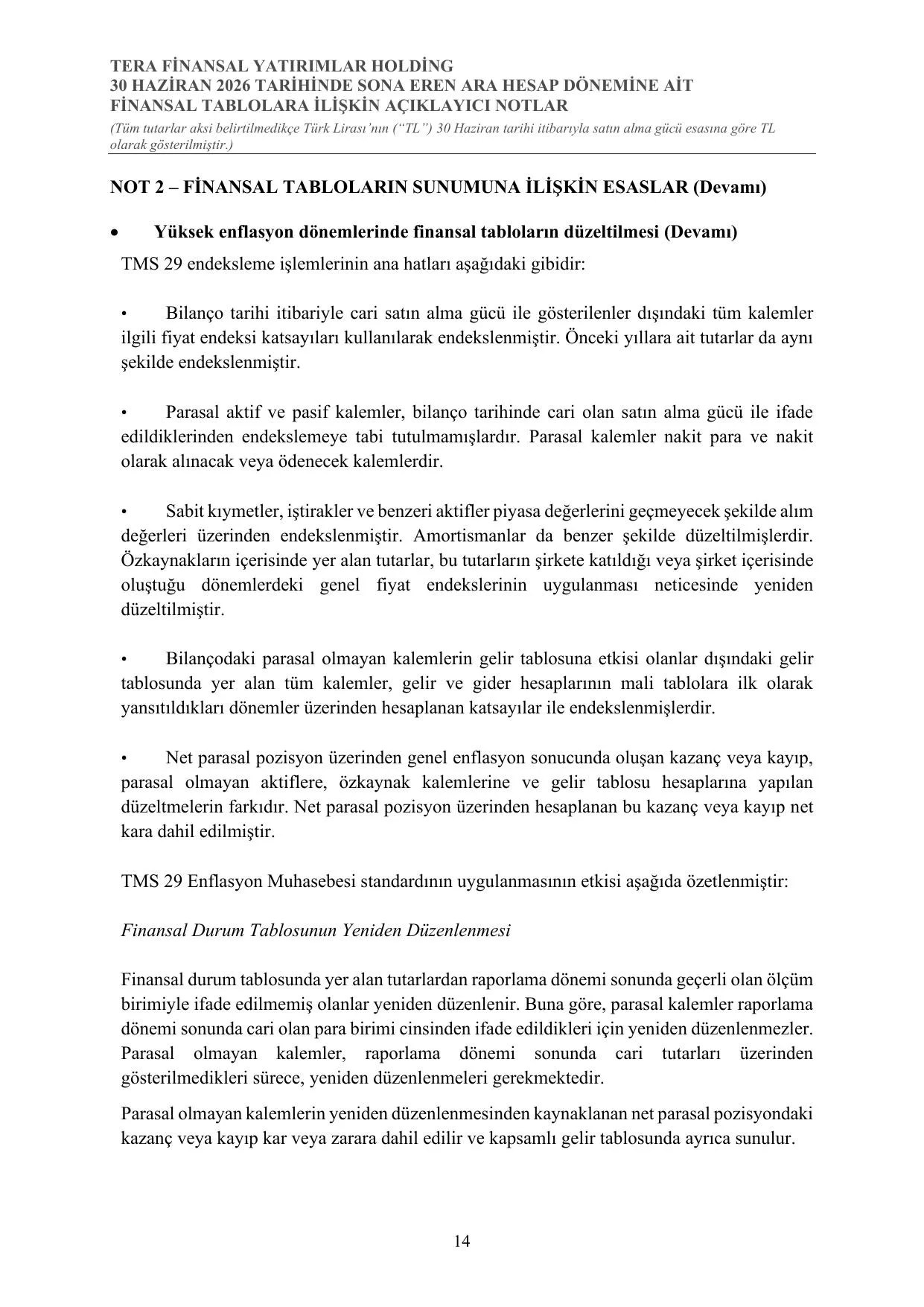 Tera Finansal Yatฤฑrฤฑmlar Holding A.ล. Konsolide Olmayan Finansal Tablolar 30.06.2026.pdf โ sayfa 14