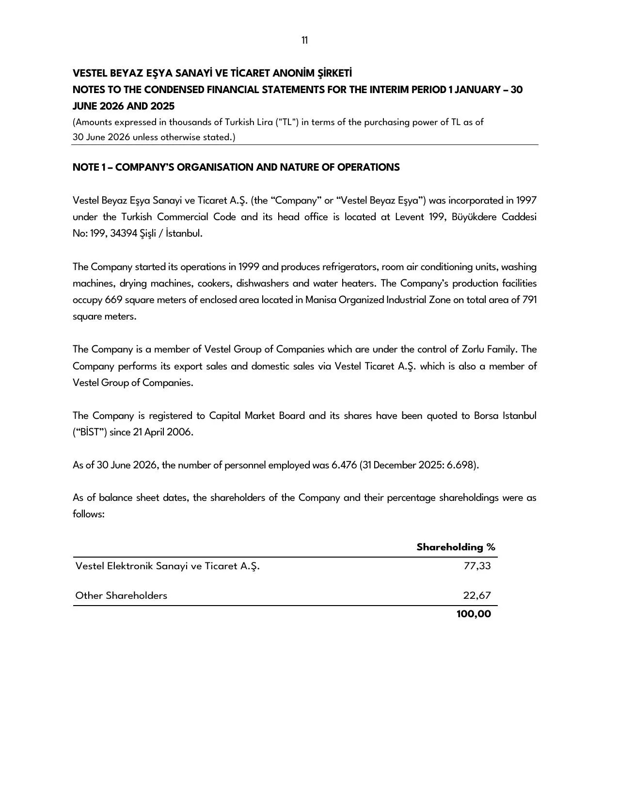 Vestel Beyaz Eลya 30.06.2026 -Financial Report.pdf โ sayfa 13