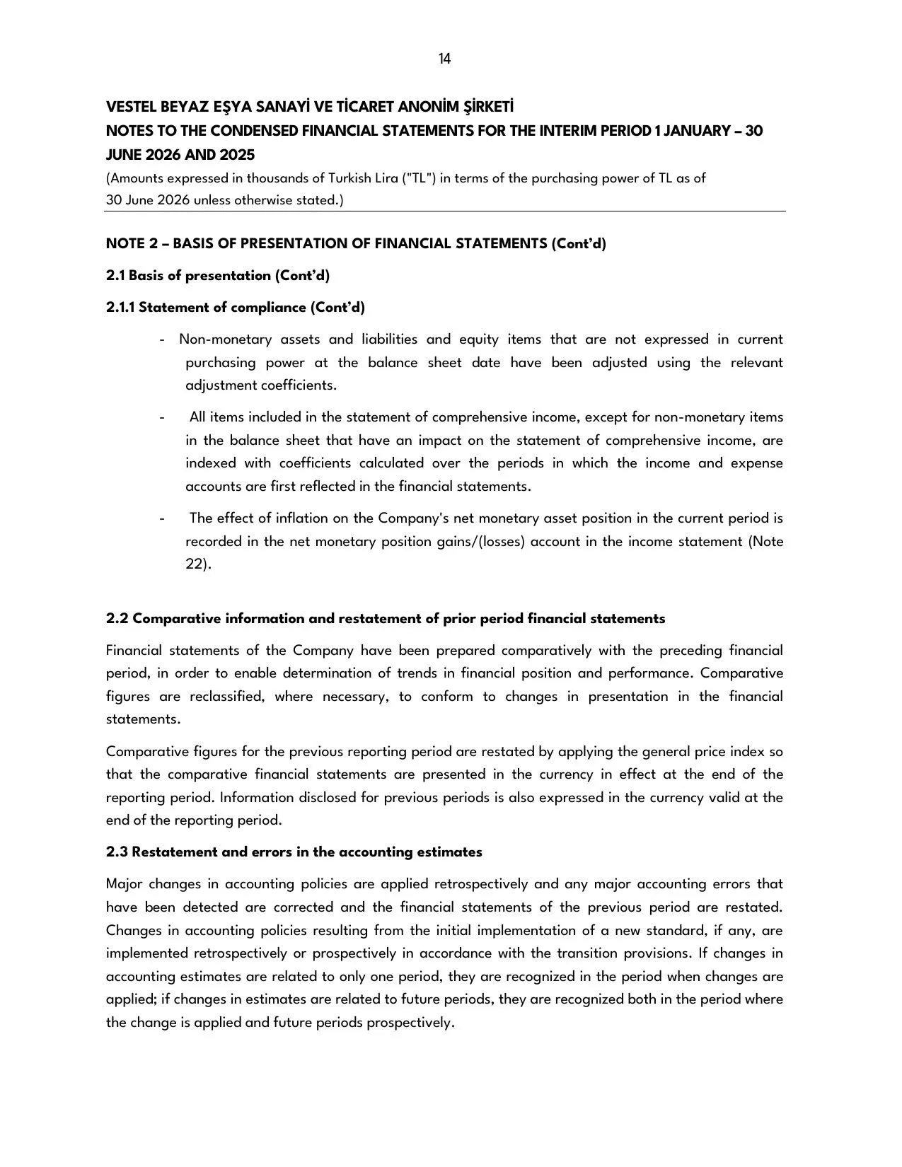 Vestel Beyaz Eลya 30.06.2026 -Financial Report.pdf โ sayfa 16