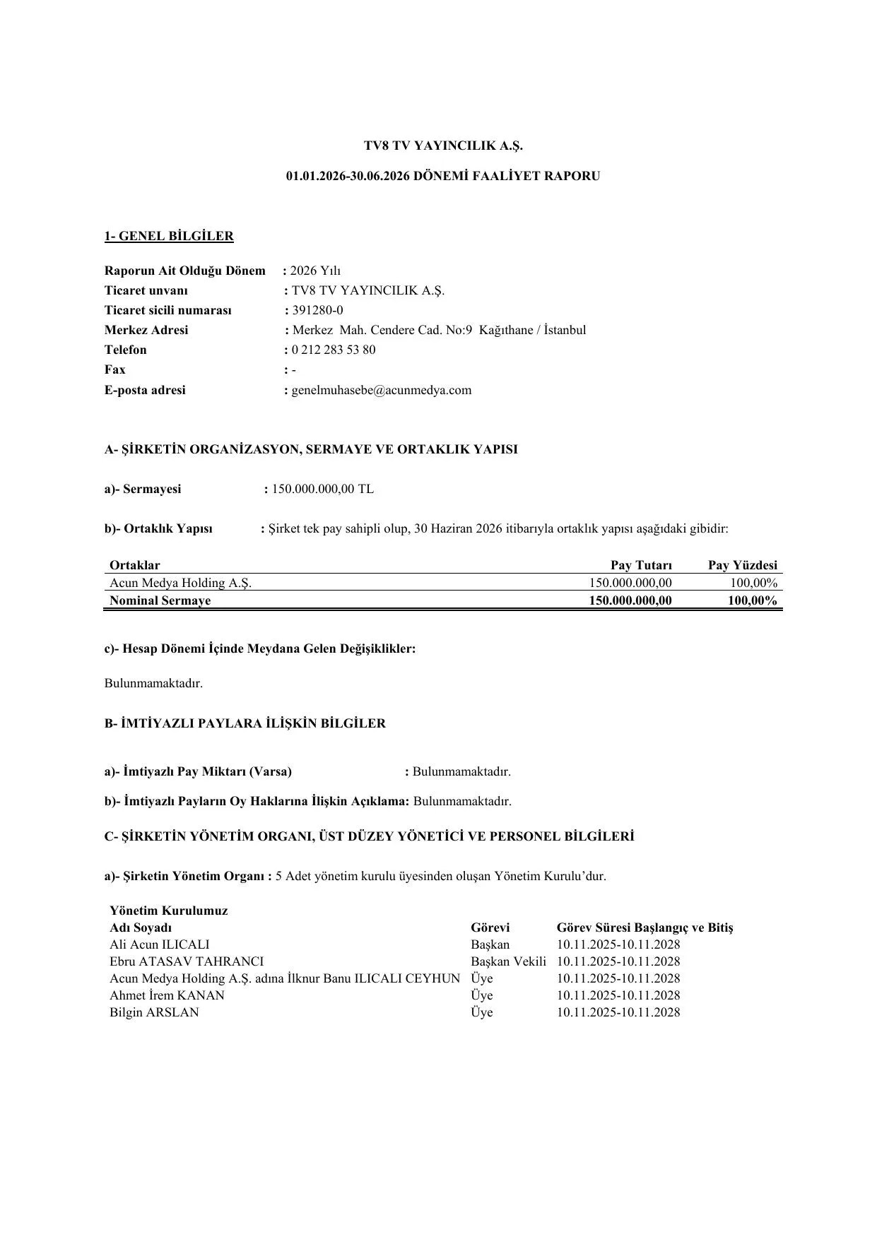 TV8 30.06.2026 YK Faaliyet Raporu.pdf — sayfa 1