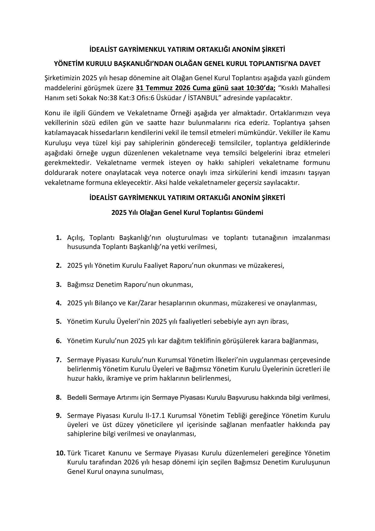 2025 Yฤฑlฤฑ Olaฤan Genel Kuurl Toplantฤฑsฤฑ Davet.pdf โ sayfa 1