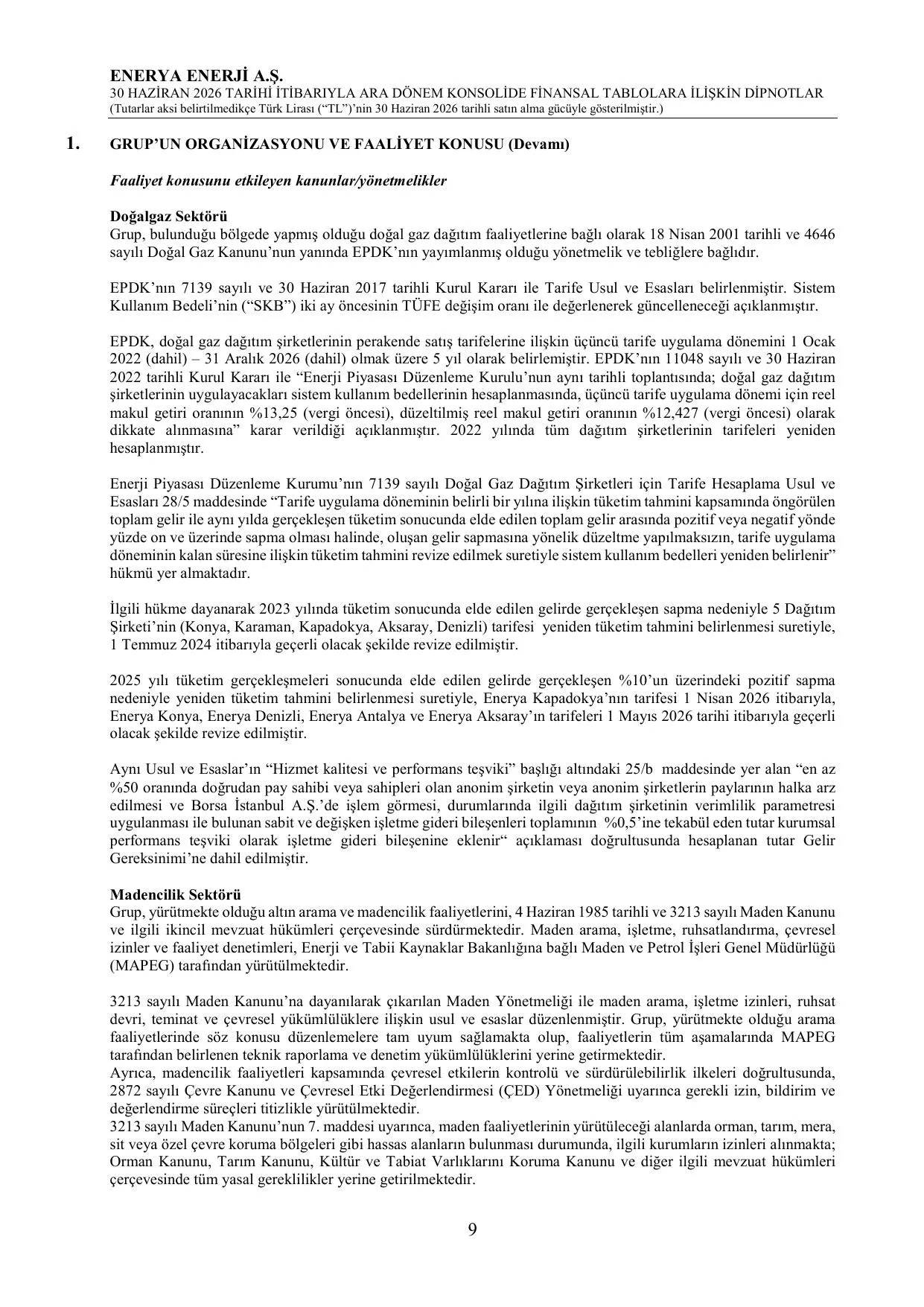 Enerya Enerji A.Ş. 30.06.2026 Konsolide Finansal Tablolar ve Dipnotlar.pdf — sayfa 13