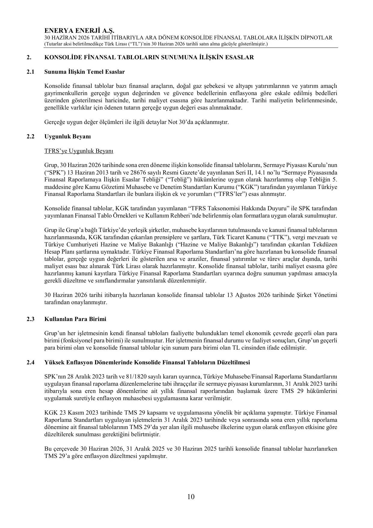 Enerya Enerji A.Ş. 30.06.2026 Konsolide Finansal Tablolar ve Dipnotlar.pdf — sayfa 14