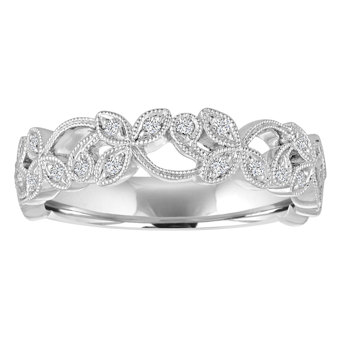 Diamond Milgrain Leaf Filigree Pattern Wedding Band in White Gold