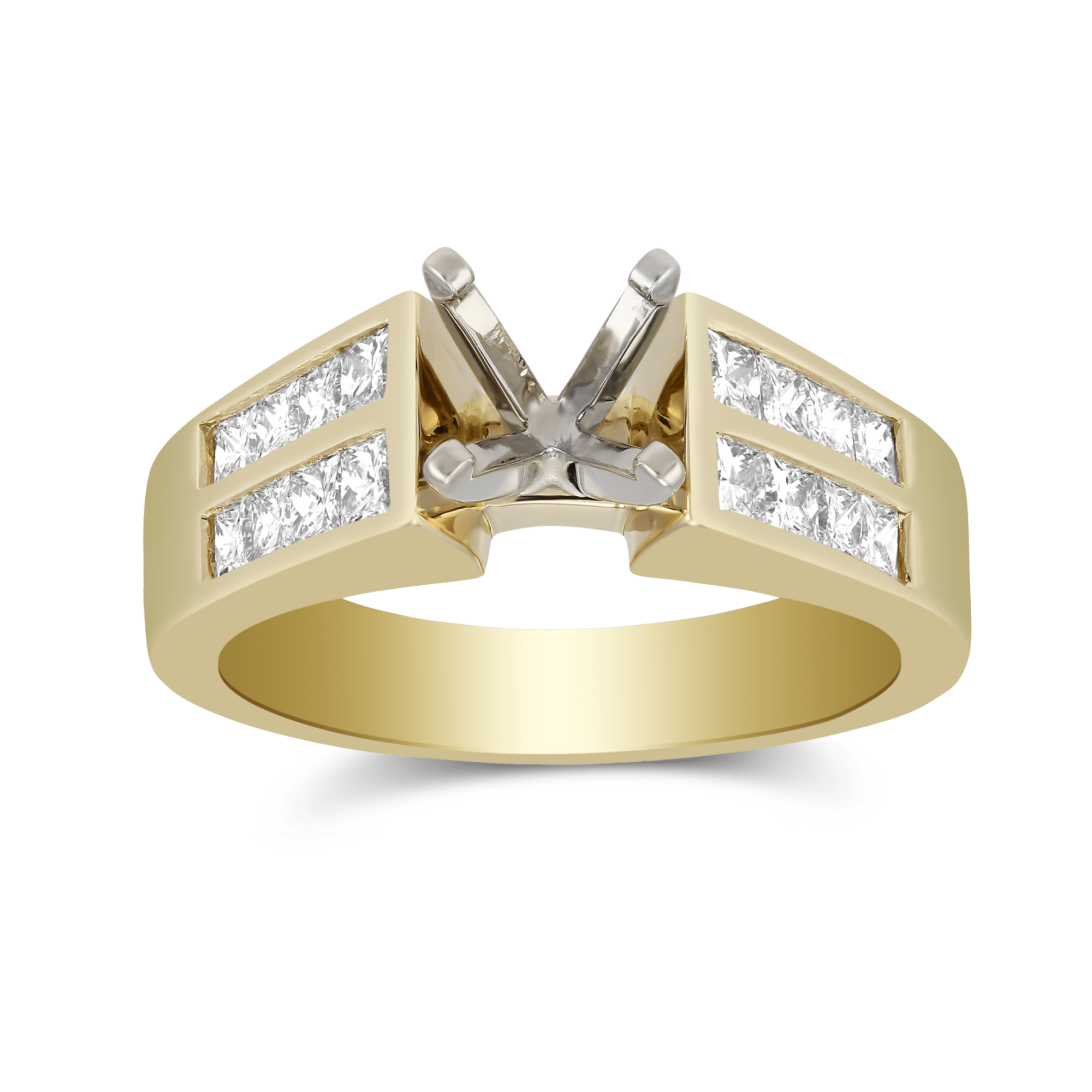 14K Yellow Gold Double Channel Set Princess Cut Diamond Cathedral Style