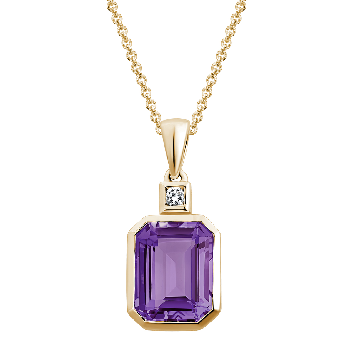 Emerald Cut Amethyst Pendant with Diamond Bail in Yellow Gold, 18