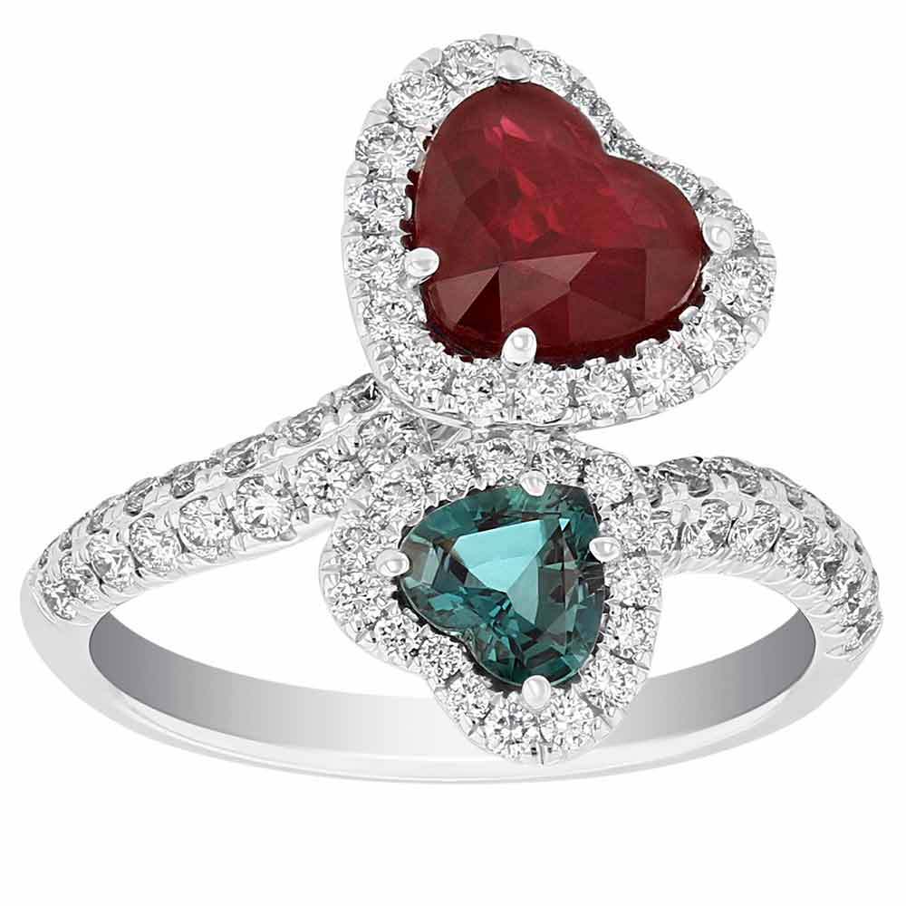 Heart Shaped Ruby & Alexandrite Bypass Ring with Diamond Halo in White