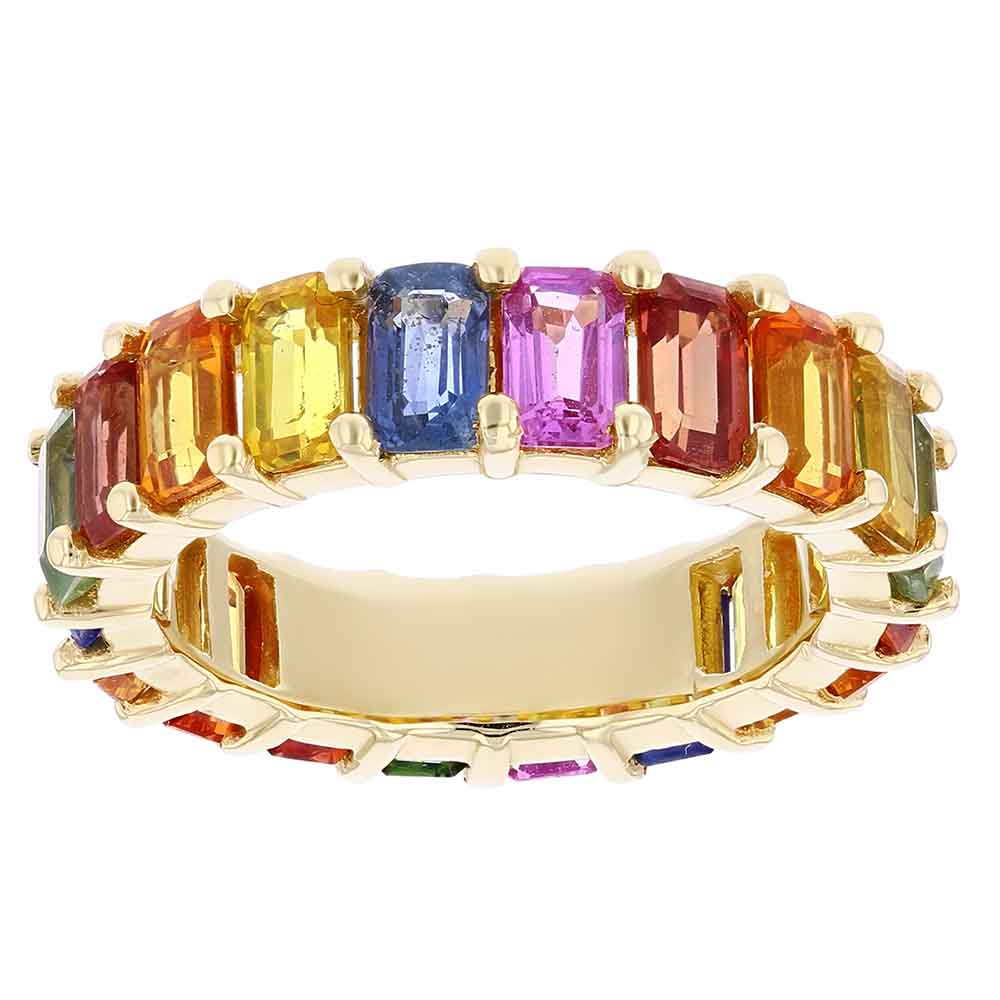 14K Yellow Gold Emerald Cut Multi Colored Sapphire Eternity Ring