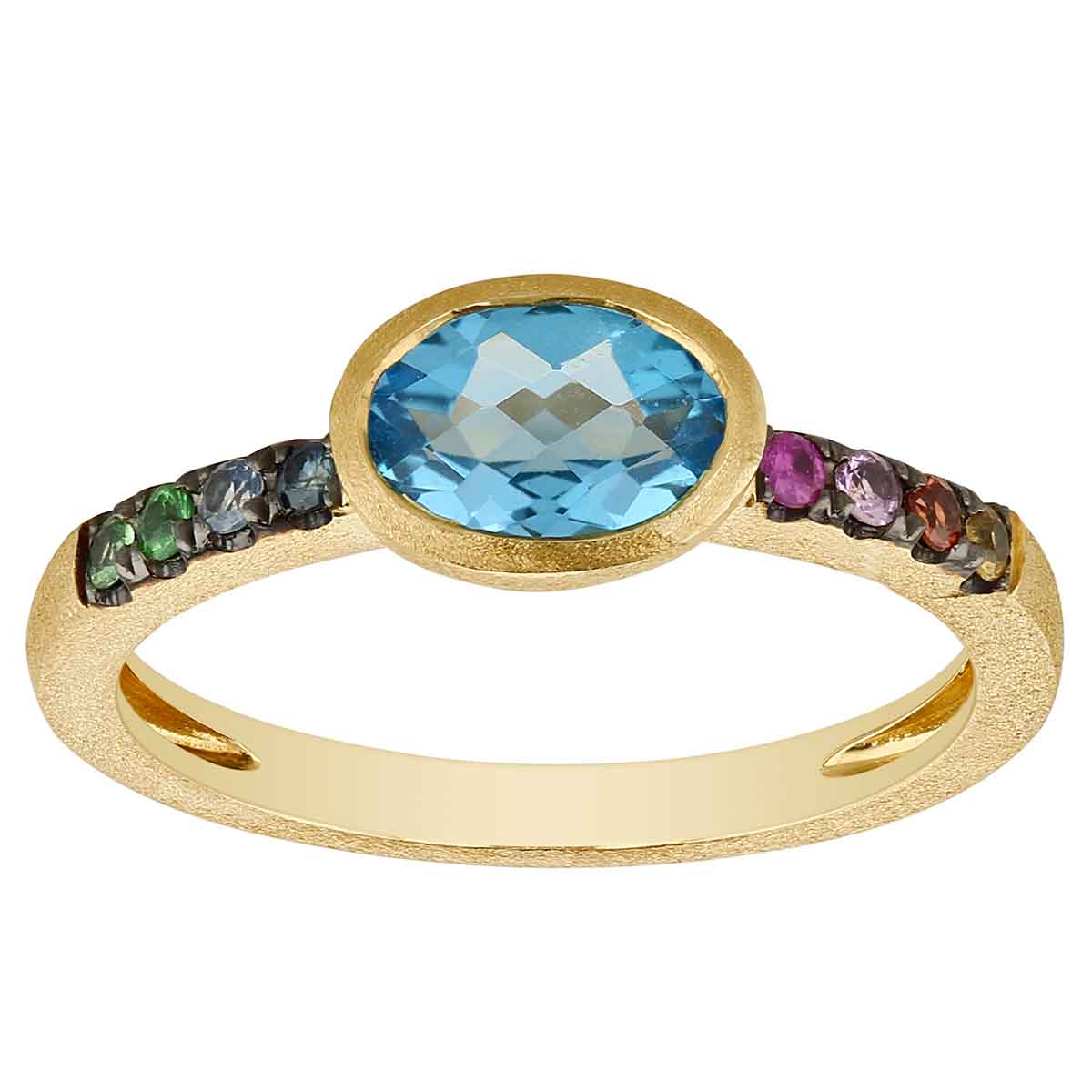 Oval Topaz Bezel Set Ring with Multicolored Sapphires in Matte Yellow