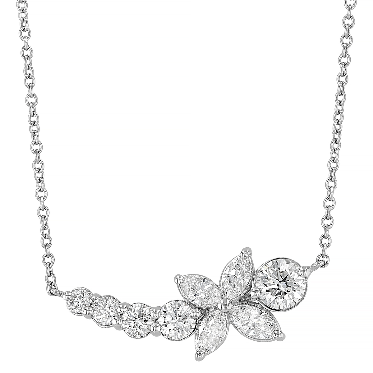 Kwiat Marquise & Round Diamond Vine Bar Necklace in White Gold, 16.5
