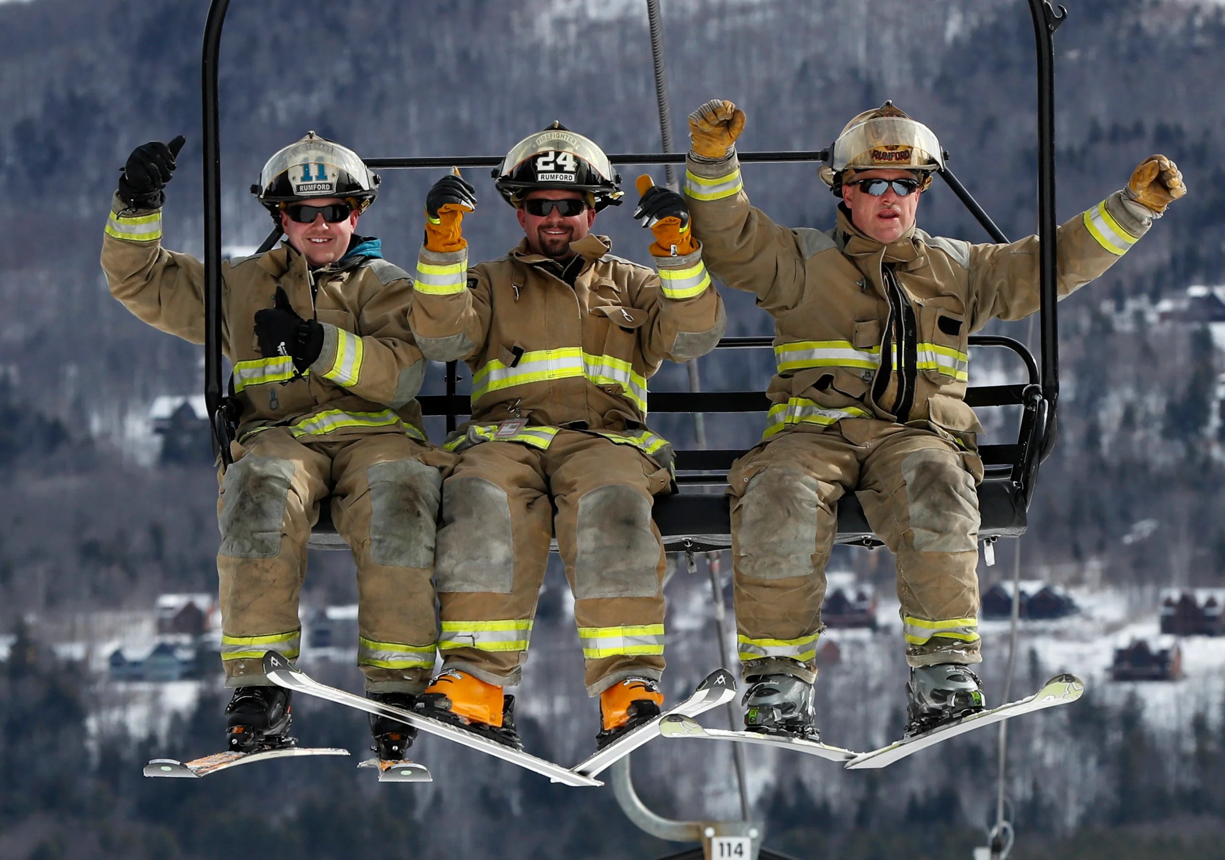 Firefighters hit the ski slopes at Sunday River in full gear, and with hoses