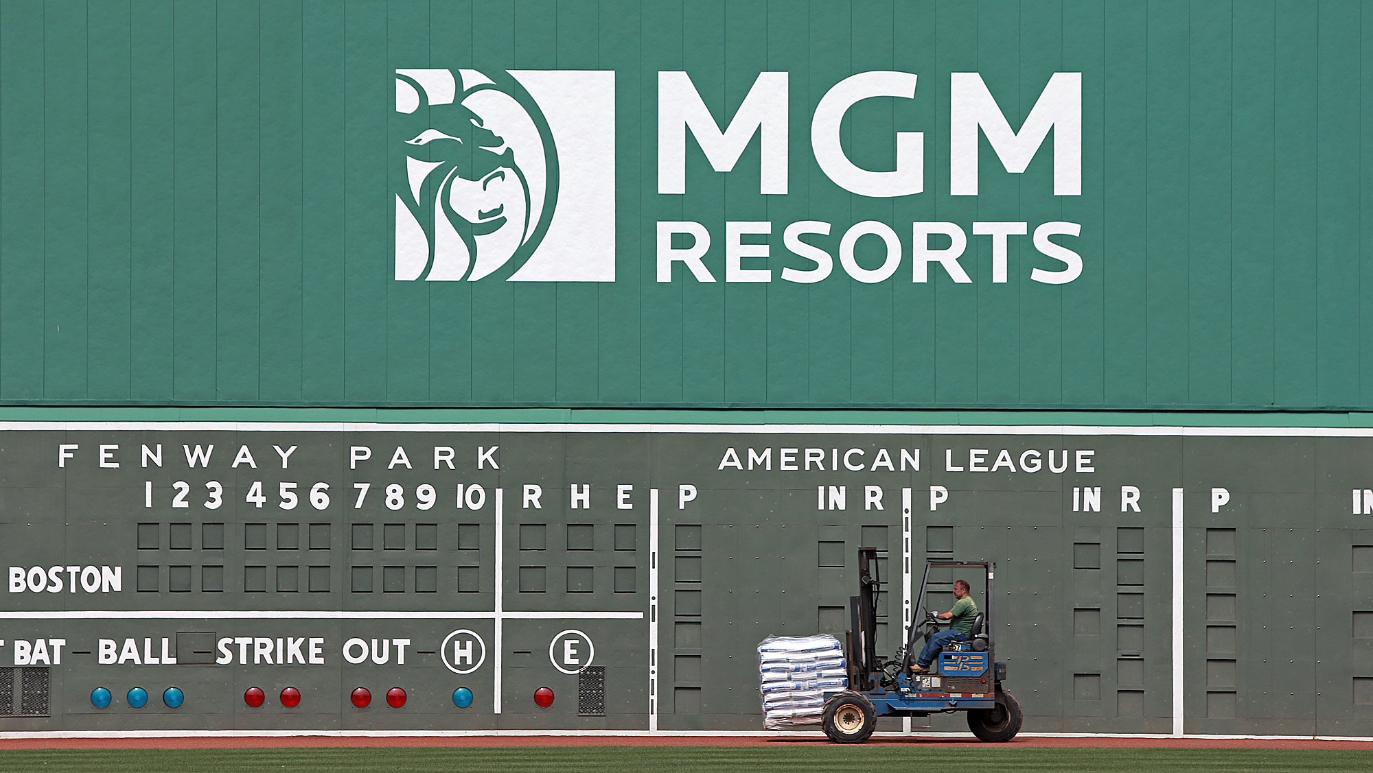 Red Sox And Mgm Resorts Reveal Lion Logo Advertisement On Green Monster Boston Herald