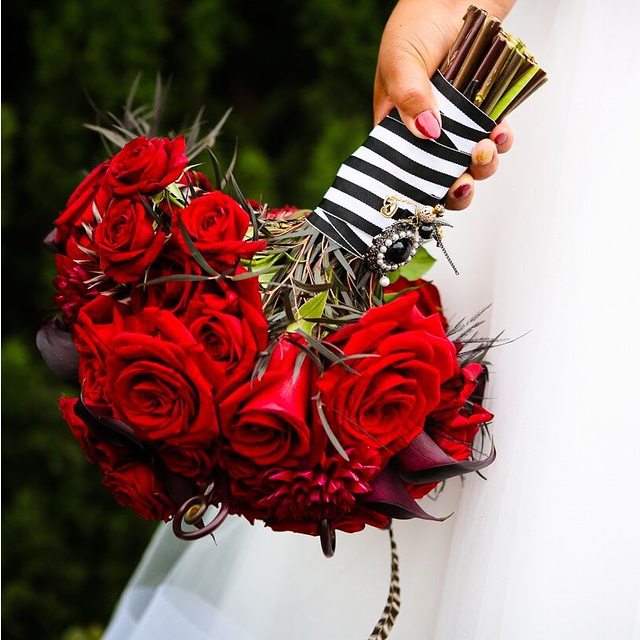 Red Roses Bouquet with Striped Ribbon Bouquet Wedding Flower