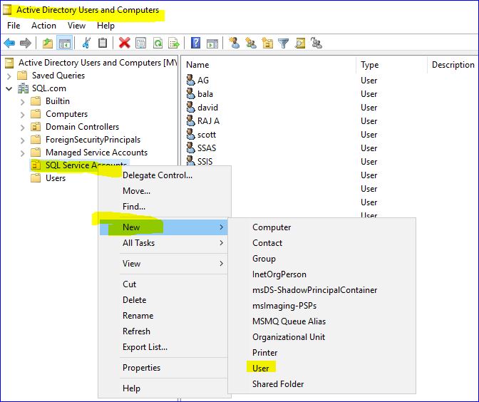 Create a new domain user account in Windows Bright DBA