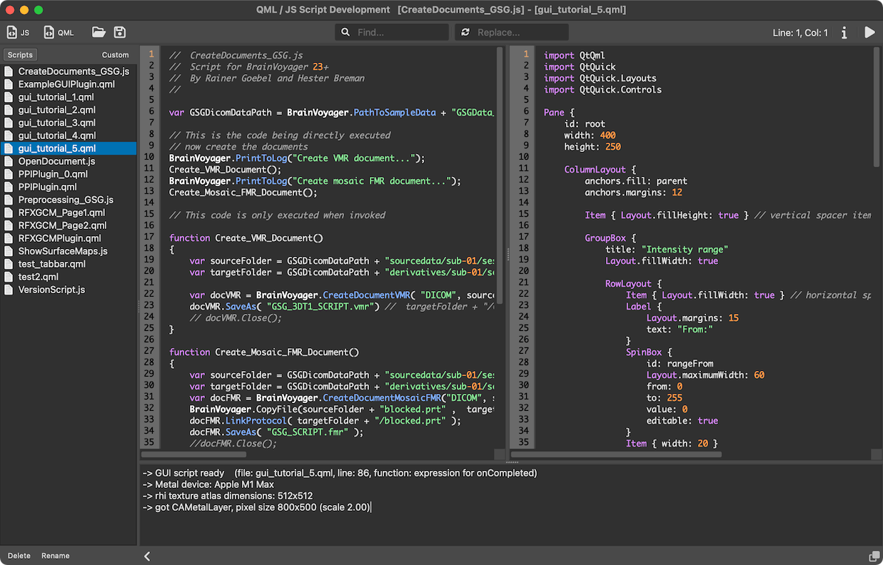 The QML / JS Script Development Window
